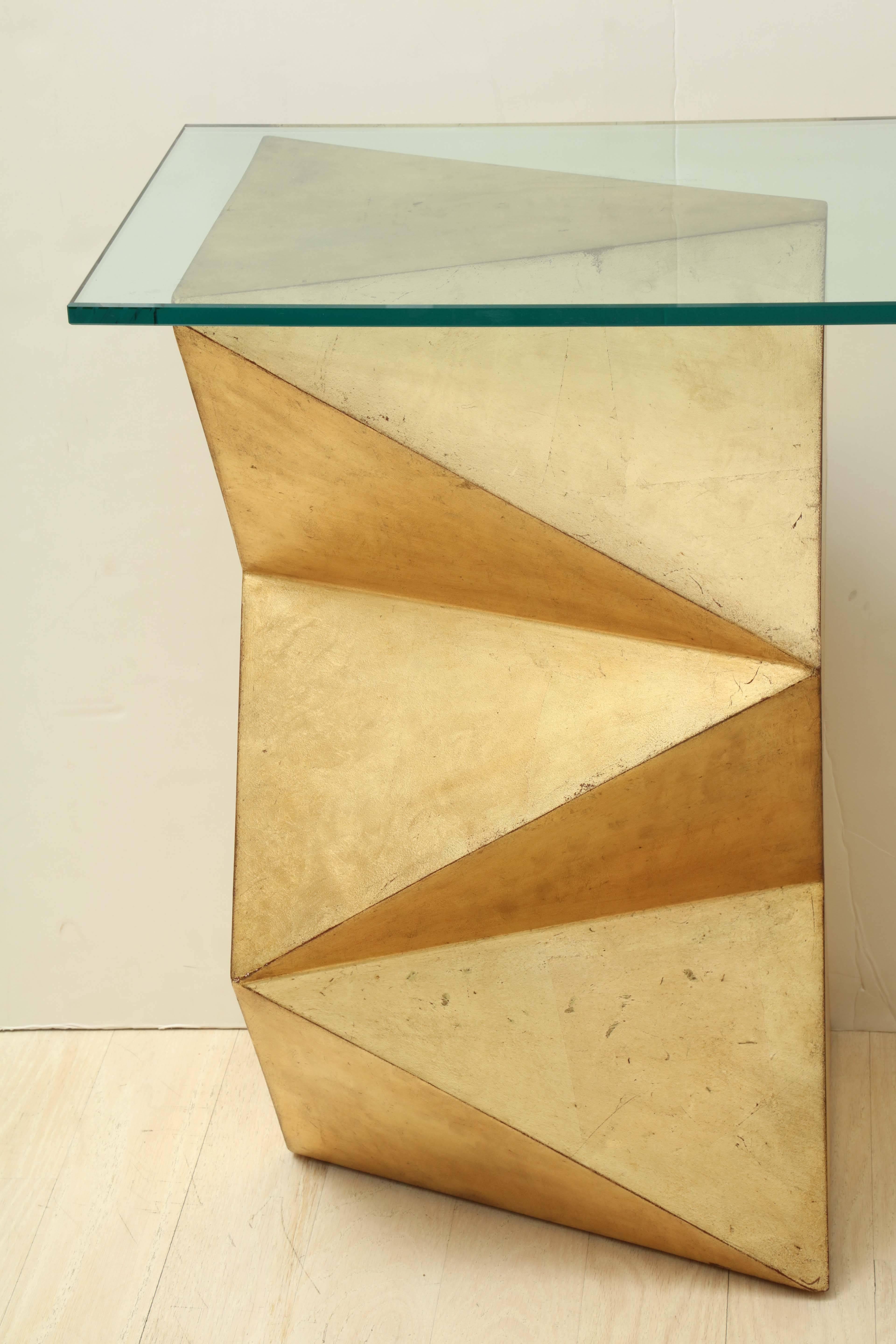 Modern 1970s French Geometric Form Giltwood and Glass Console Table For Sale