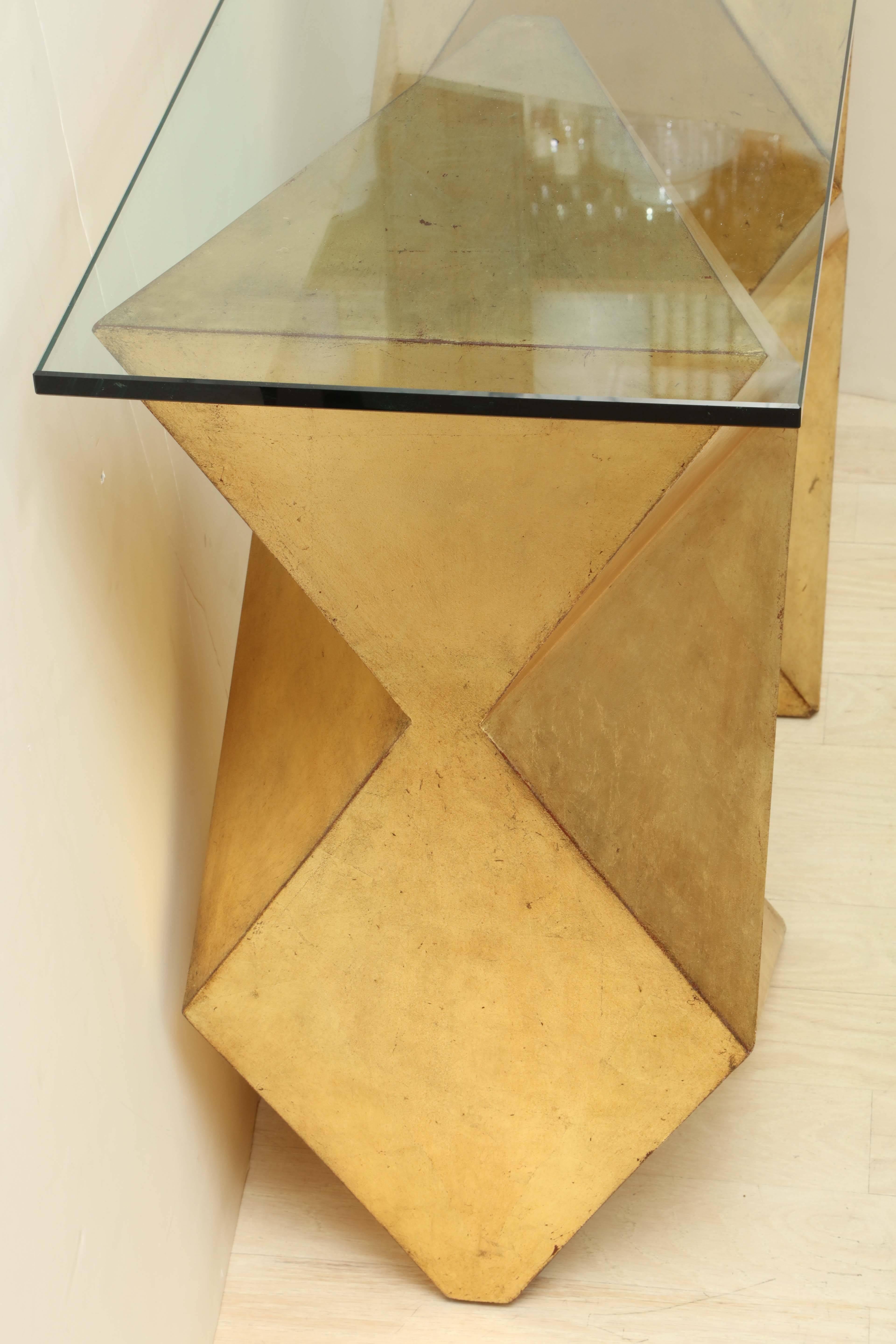 1970s French Geometric Form Giltwood and Glass Console Table For Sale 2
