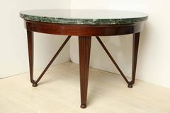 Round, Italian Mahogany Center Table with Green Marble Top and Wood Hairpin Legs