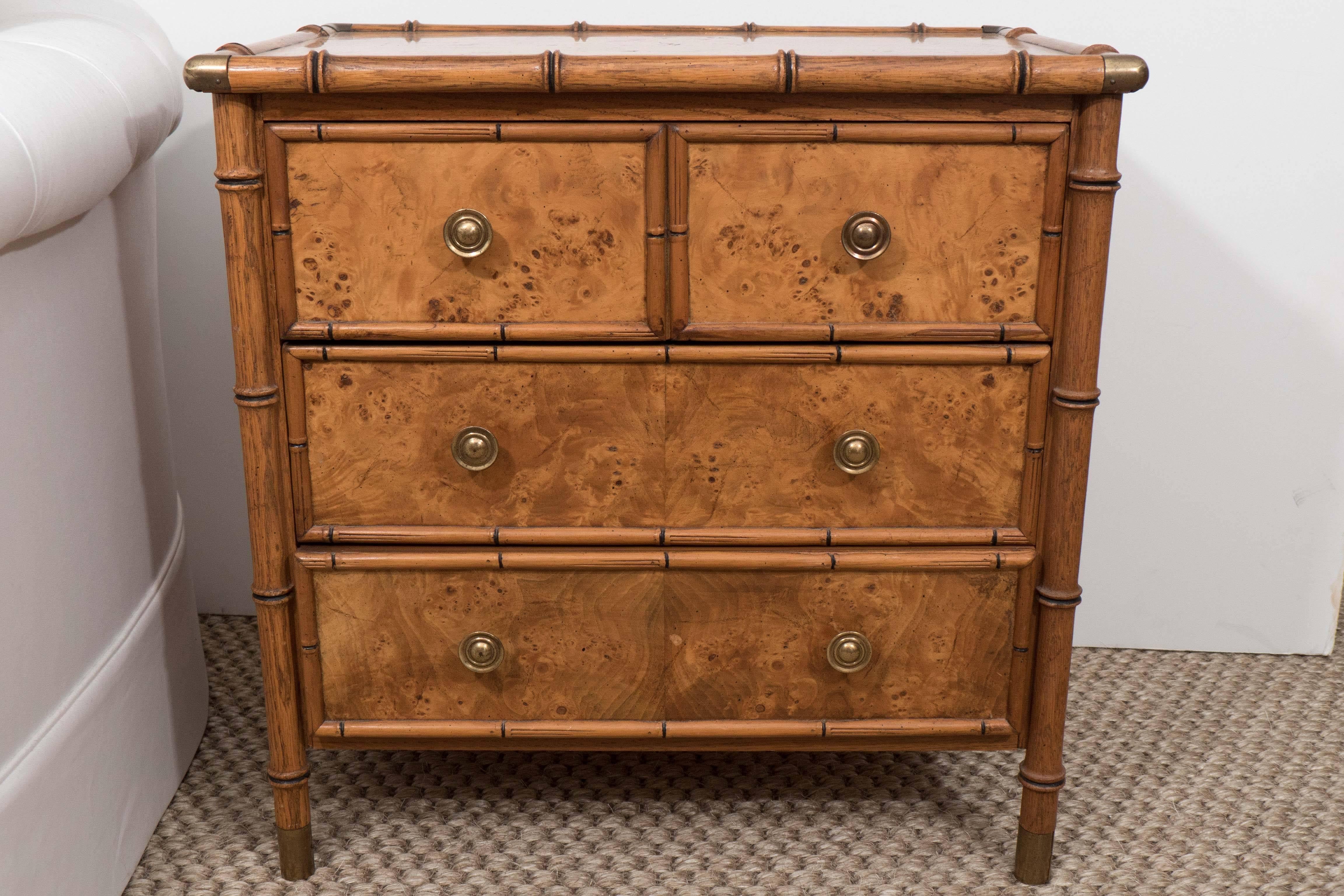 A great looking piece that could go anywhere--as a side table in a living room or study, bedside table, in an entrance, hallway or even a bathroom. This chest was made by Hekman, the Michigan company founded in 1922.  Constructed in oak with burled