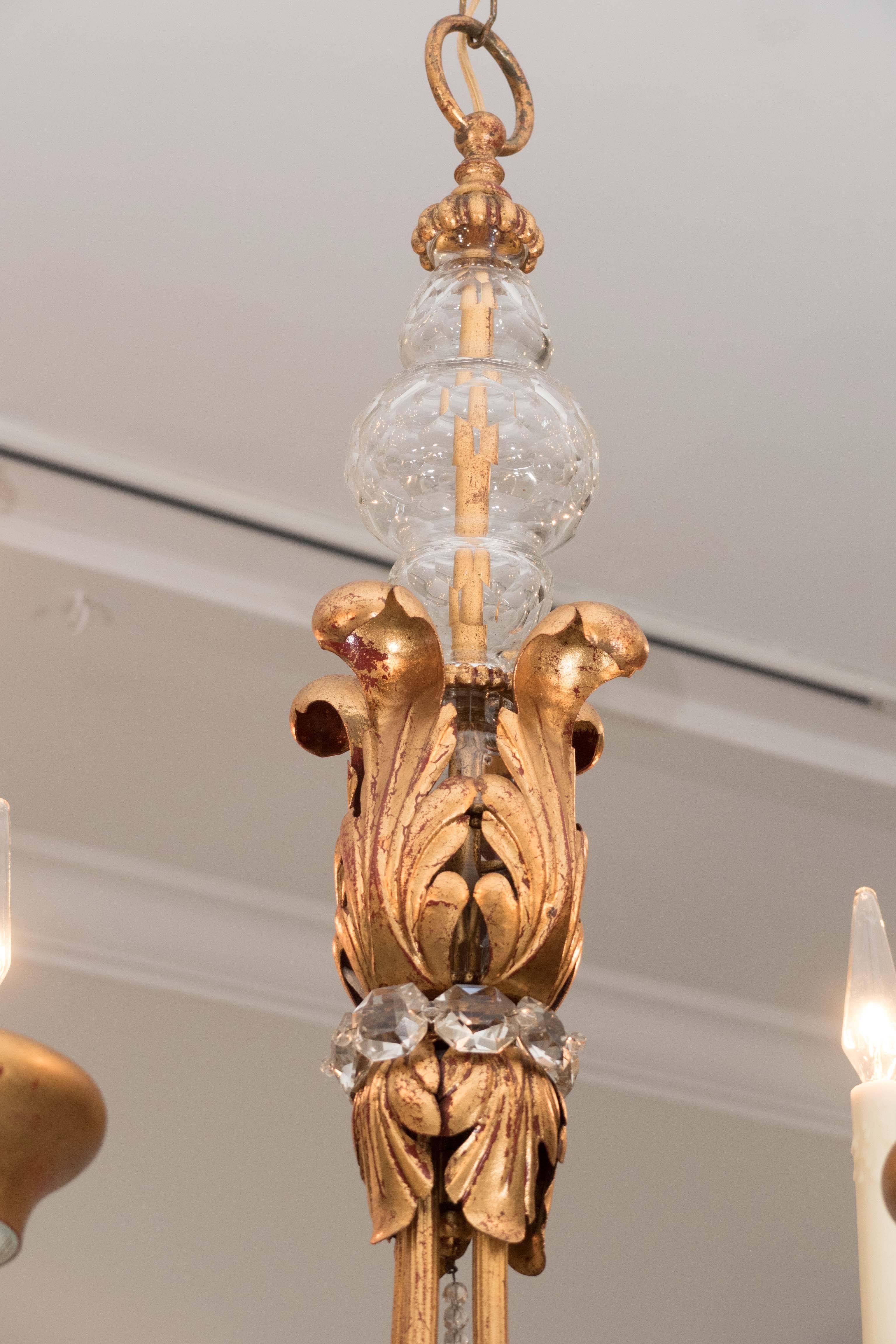 Faceted French  Four-Arm Gilt Metal and Crystal Chandelier
