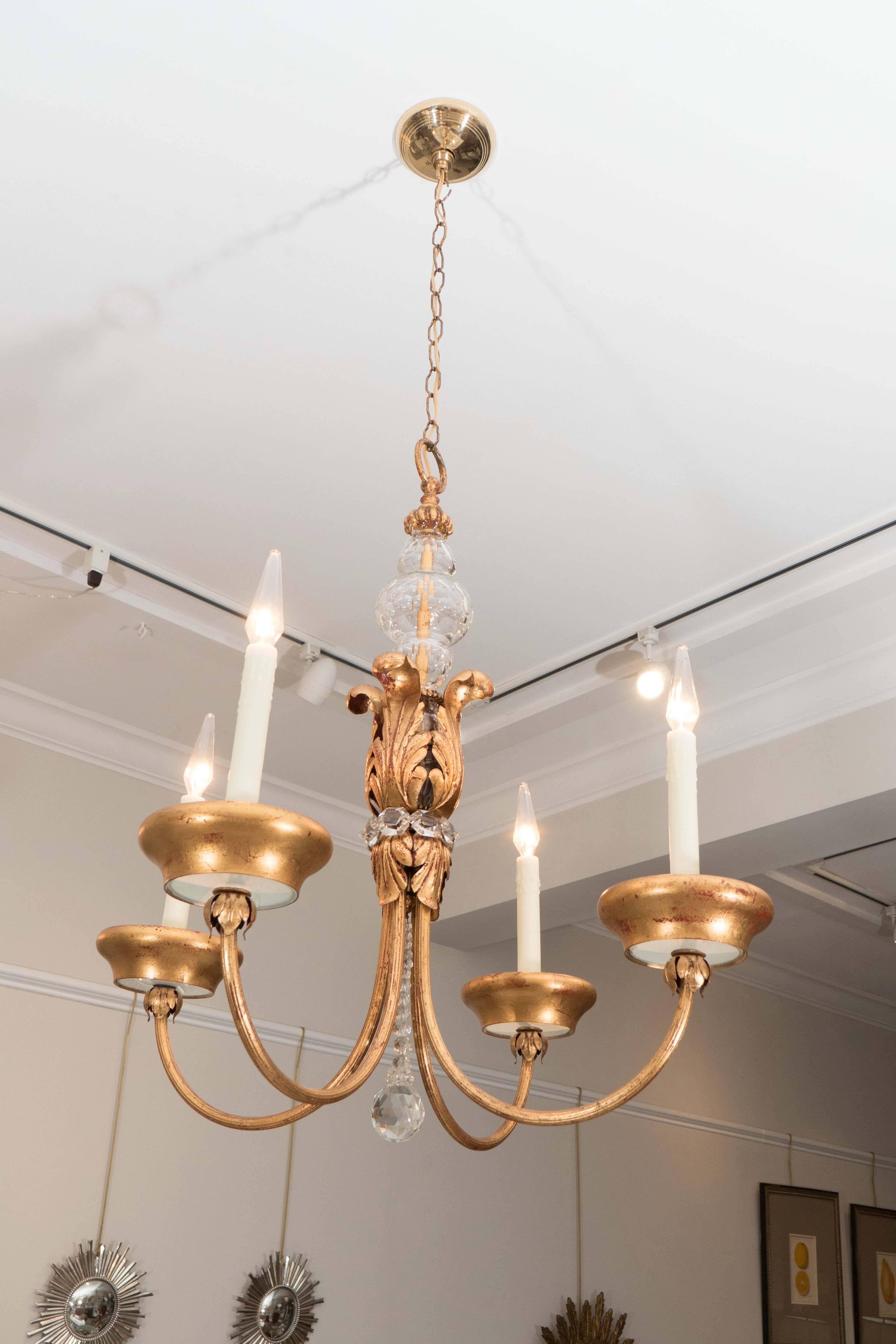 20th Century French  Four-Arm Gilt Metal and Crystal Chandelier