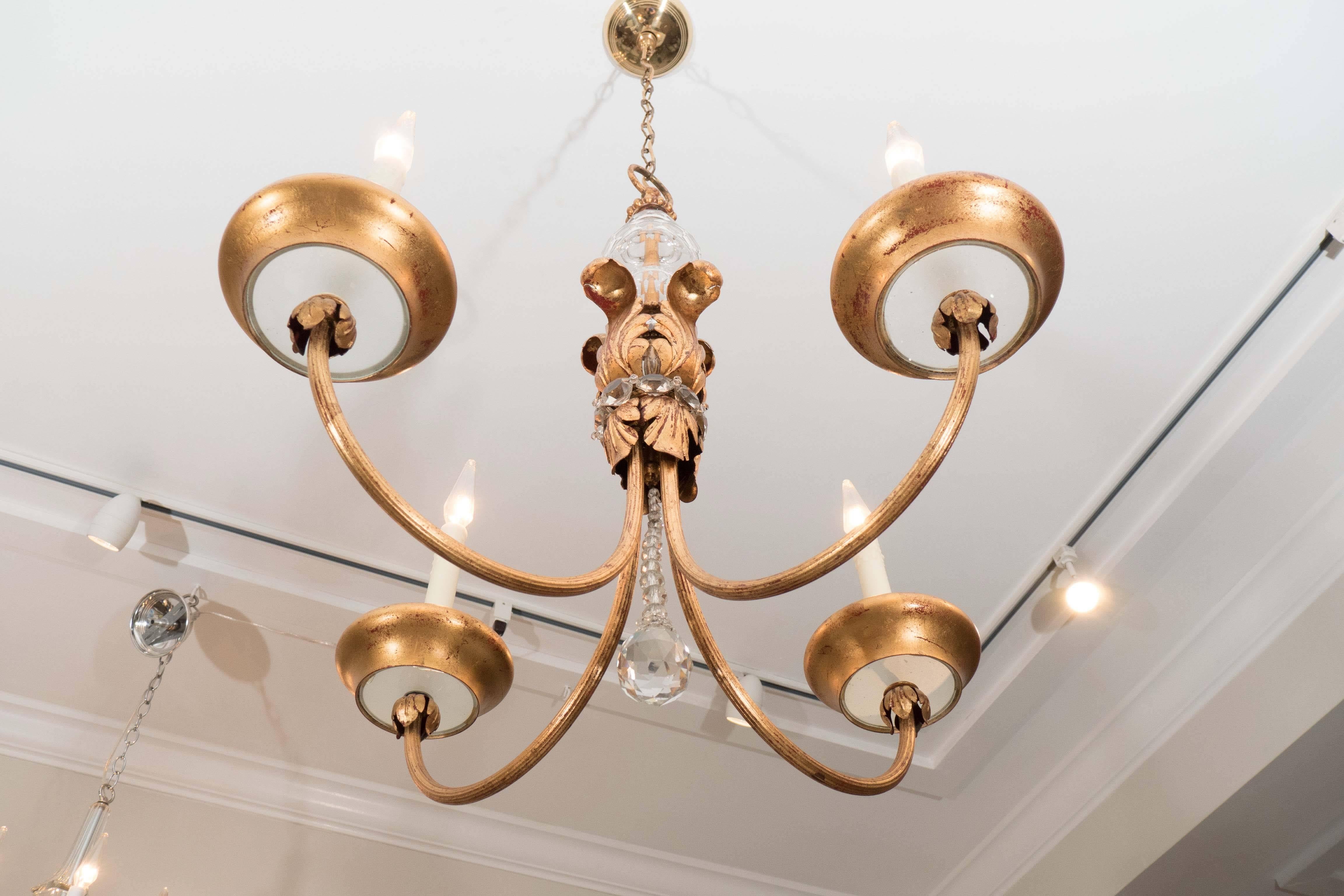 French  Four-Arm Gilt Metal and Crystal Chandelier 3