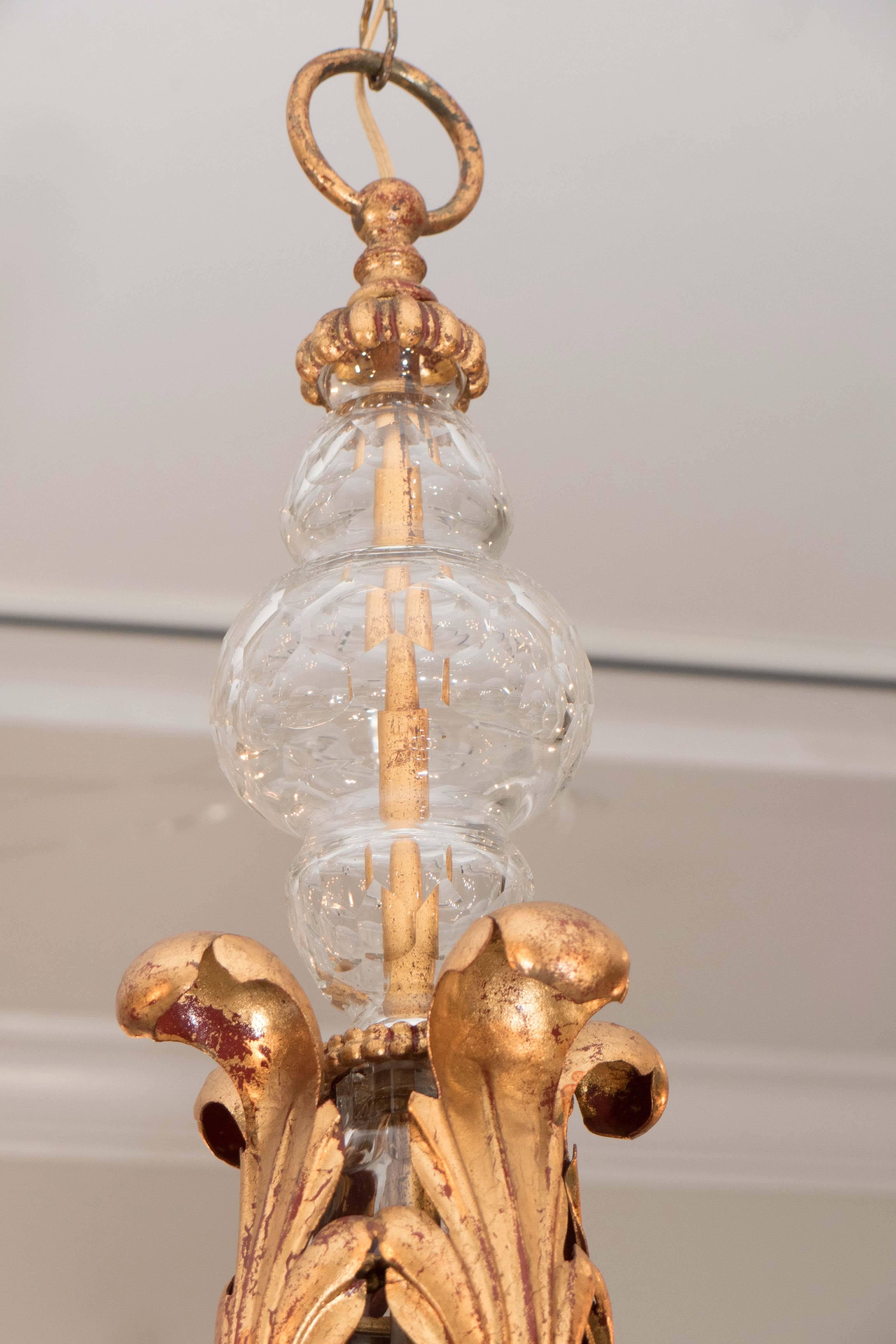 French  Four-Arm Gilt Metal and Crystal Chandelier 4