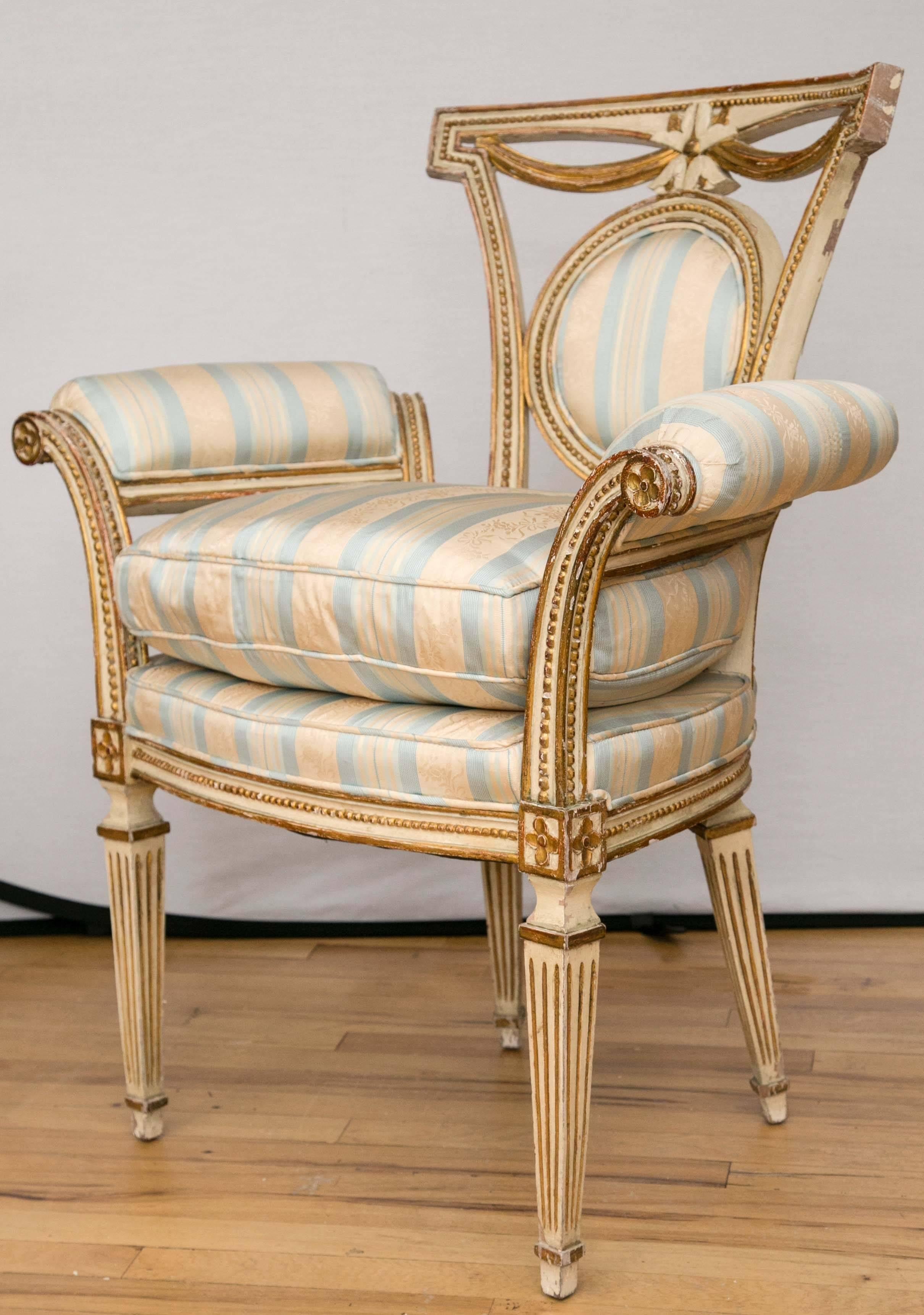 Pair of Louis XVI Style Parcel-Gilt Upholstered Fauteuils In Good Condition For Sale In Mt Kisco, NY