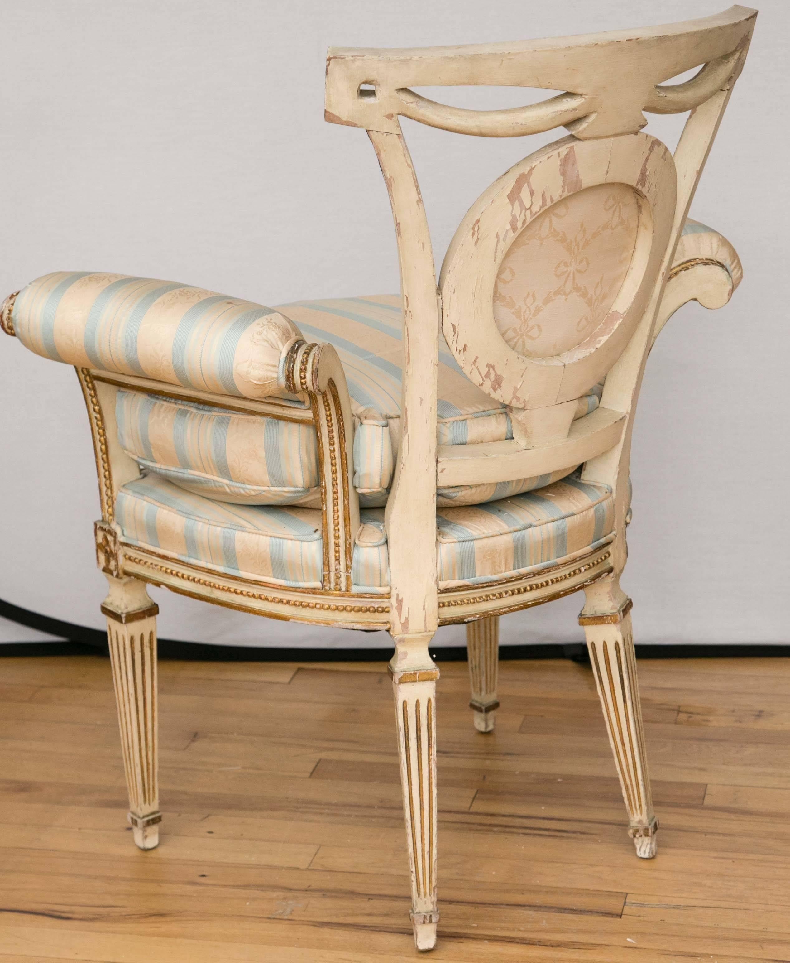 Upholstery Pair of Louis XVI Style Parcel-Gilt Upholstered Fauteuils For Sale