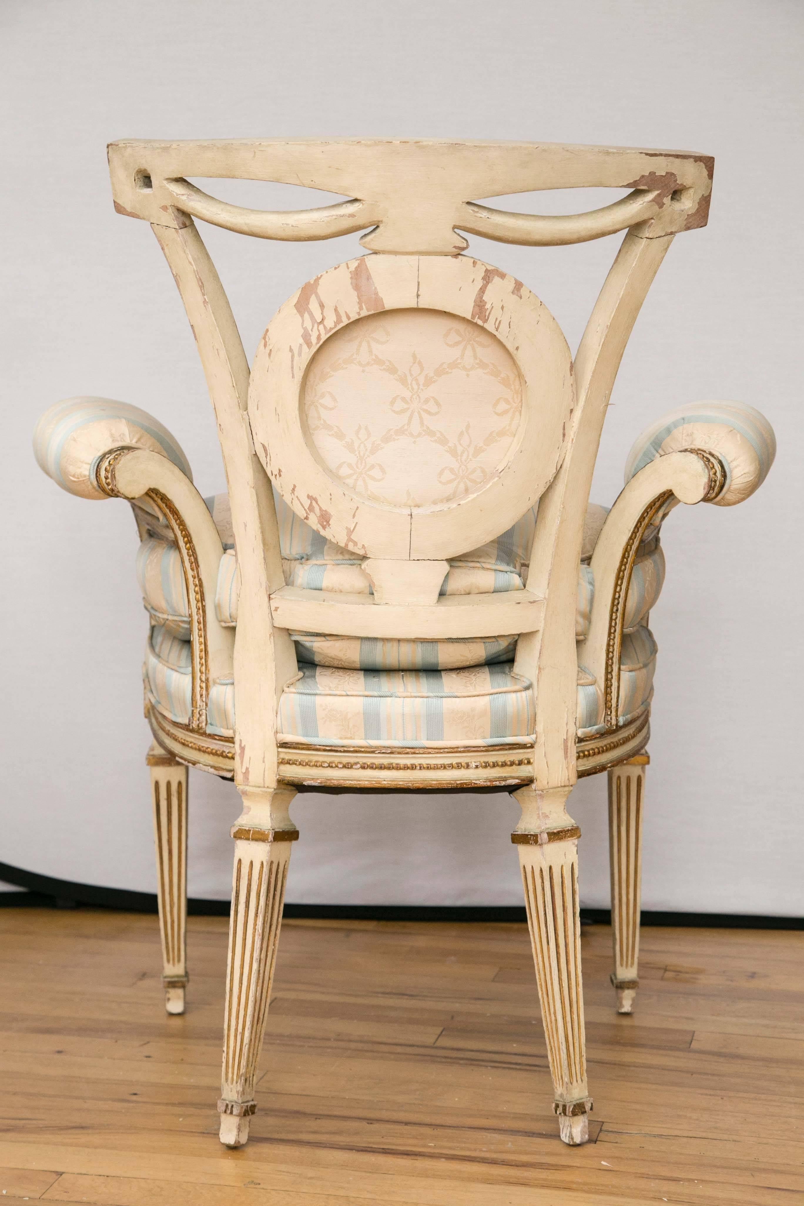 Pair of Louis XVI Style Parcel-Gilt Upholstered Fauteuils For Sale 1