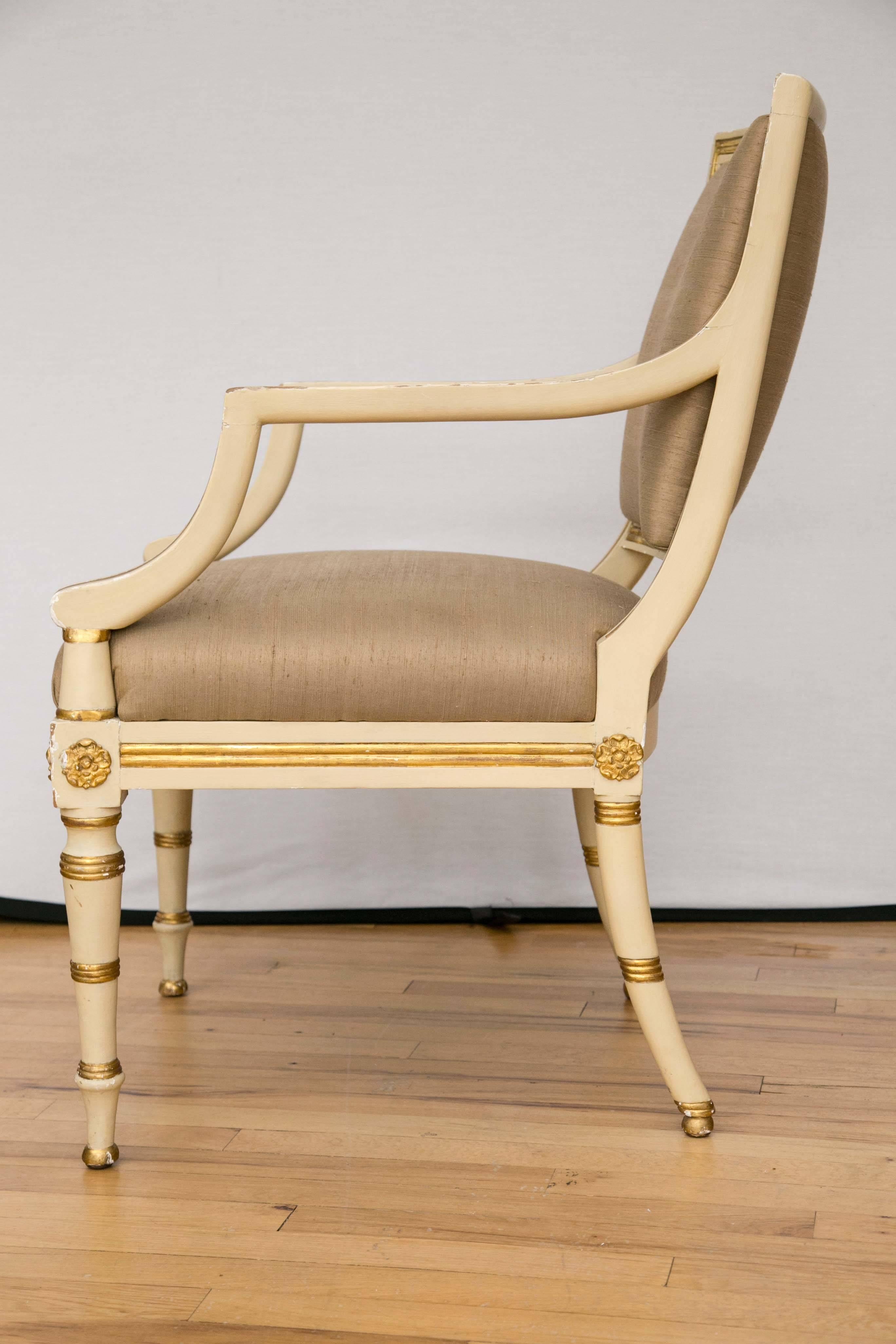 Pair of Neoclassical Parcel-Gilt Upholstered Armchairs In Excellent Condition In Mt Kisco, NY