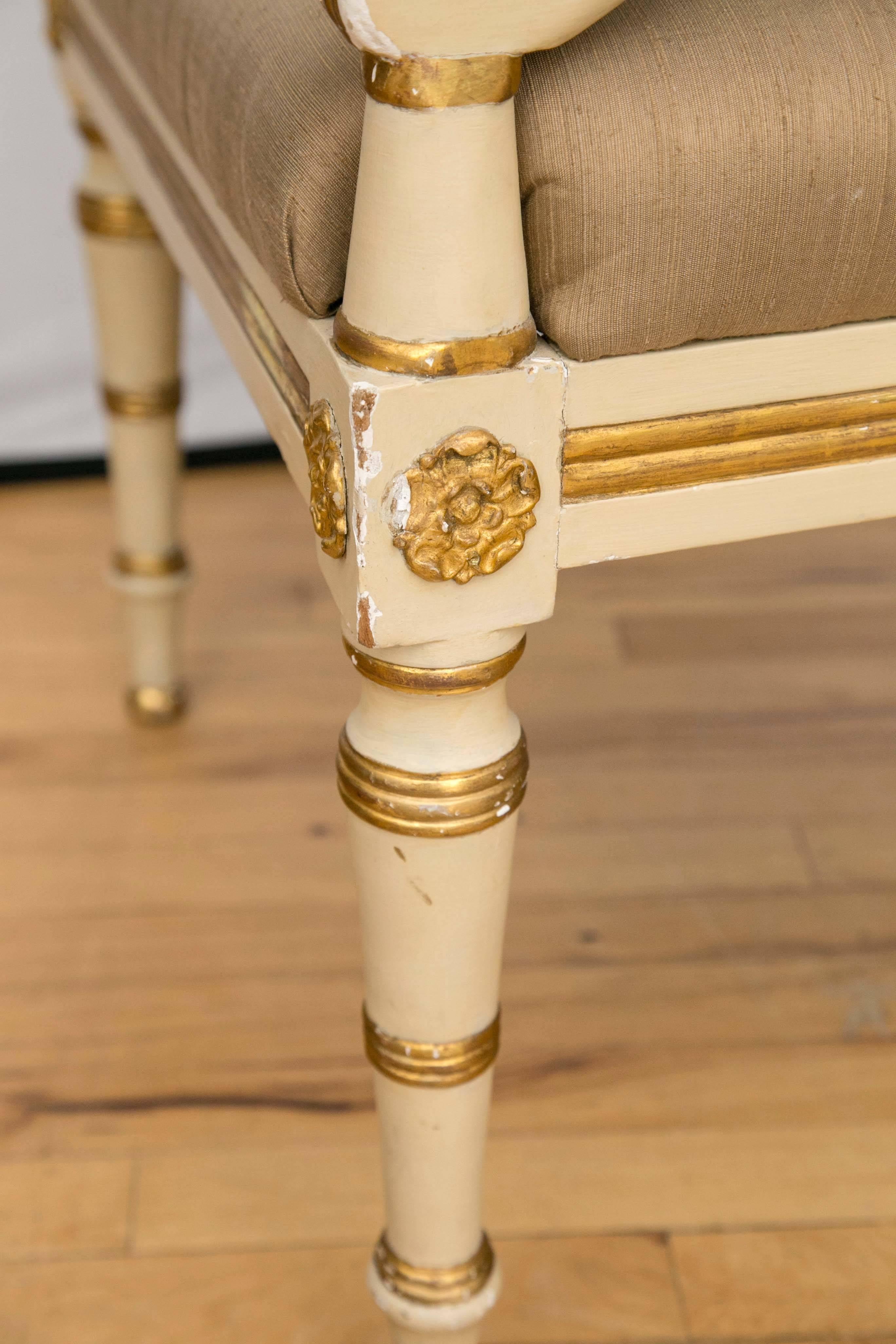 19th Century Pair of Neoclassical Parcel-Gilt Upholstered Armchairs