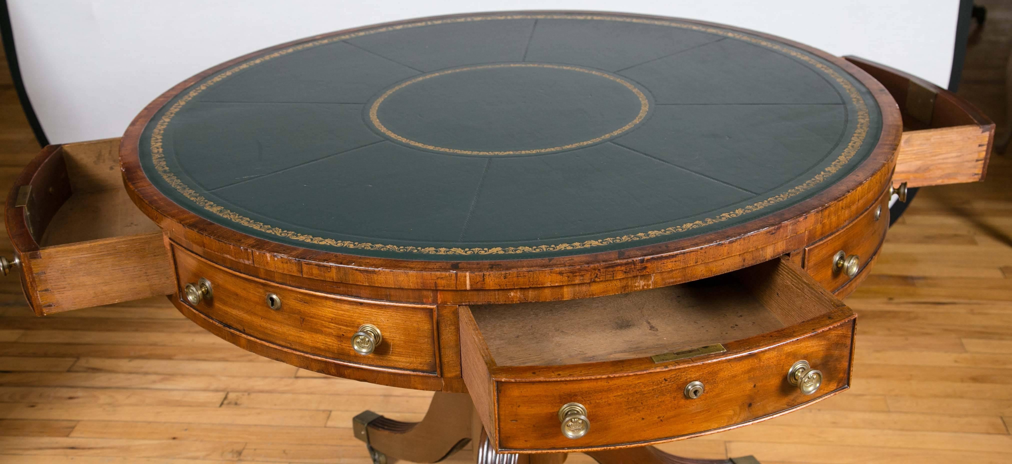 Leather English Regency Period Mahogany Drum Library Table