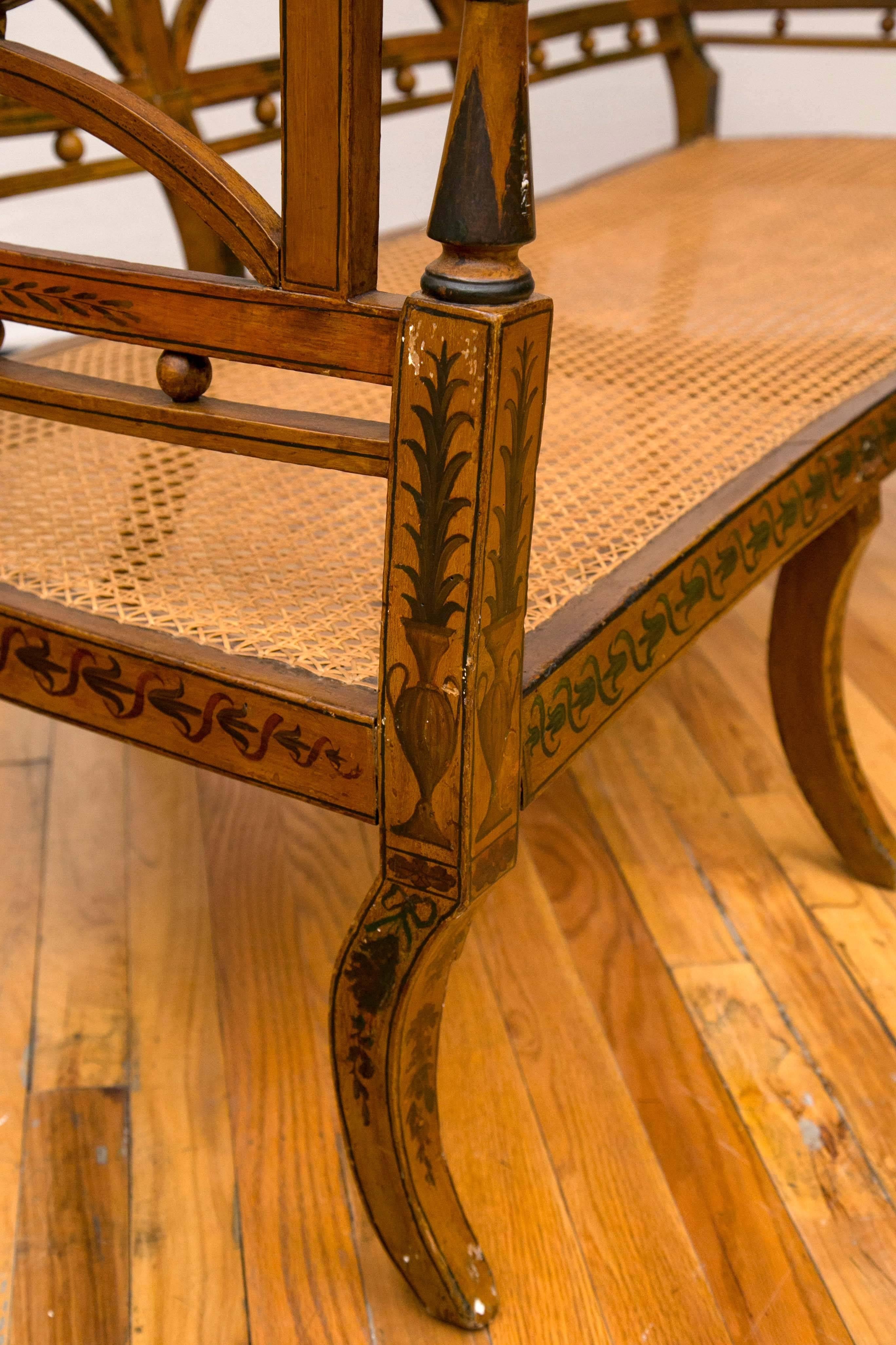19th Century English Hand-Painted Sheraton Style Caned Seat Settee For Sale 2