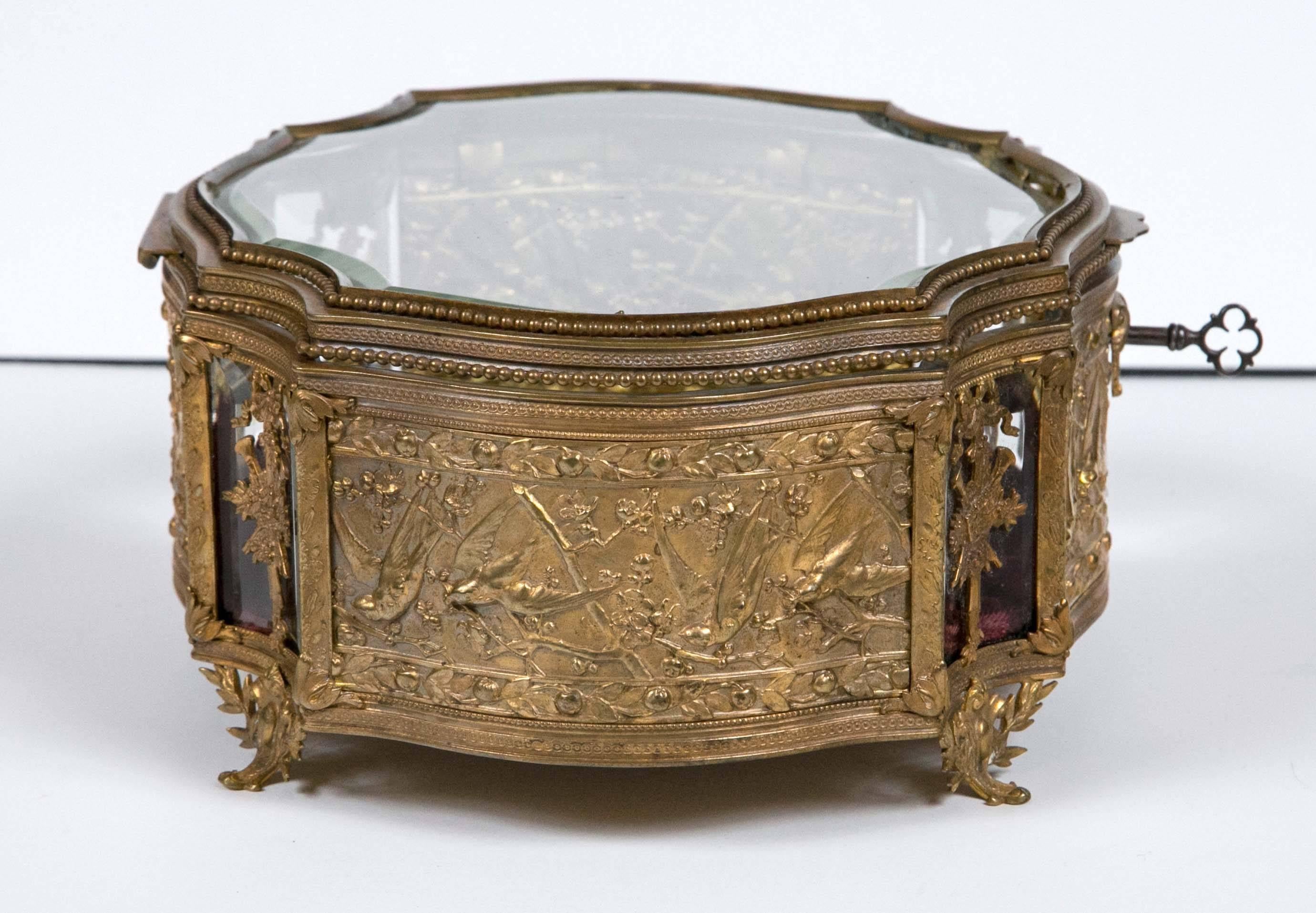 Beaded Antique French 1860 Bronze Beveled Crystal Doré Keepsake/ Vitrine Box
