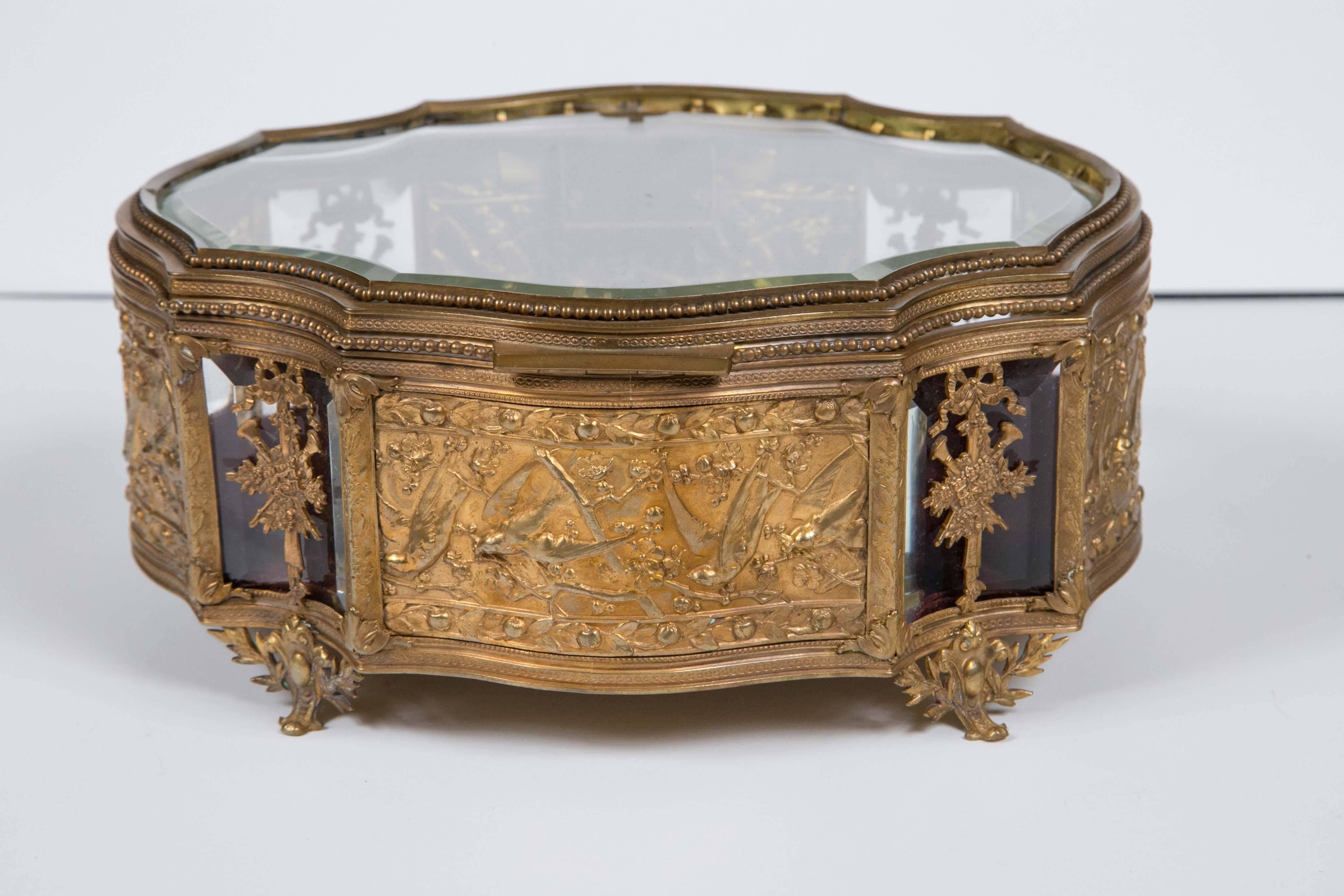 Mid-19th Century Antique French 1860 Bronze Beveled Crystal Doré Keepsake/ Vitrine Box