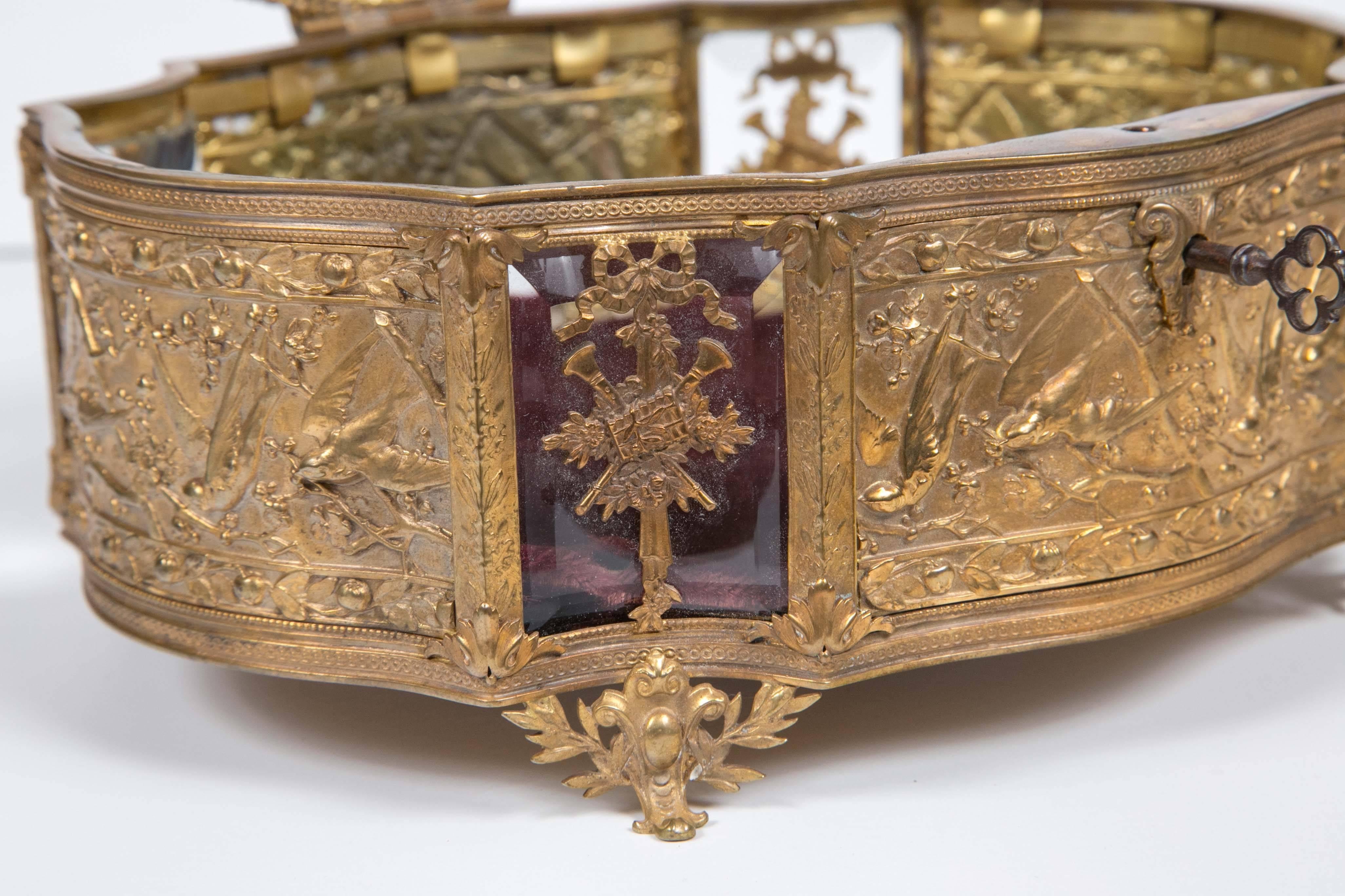 Antique French 1860 Bronze Beveled Crystal Doré Keepsake/ Vitrine Box 3