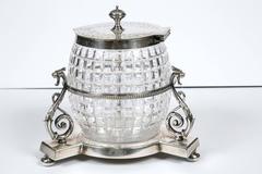 English 1860 Crystal Biscuit Jar with Three Serpents on Silver Plated Stand