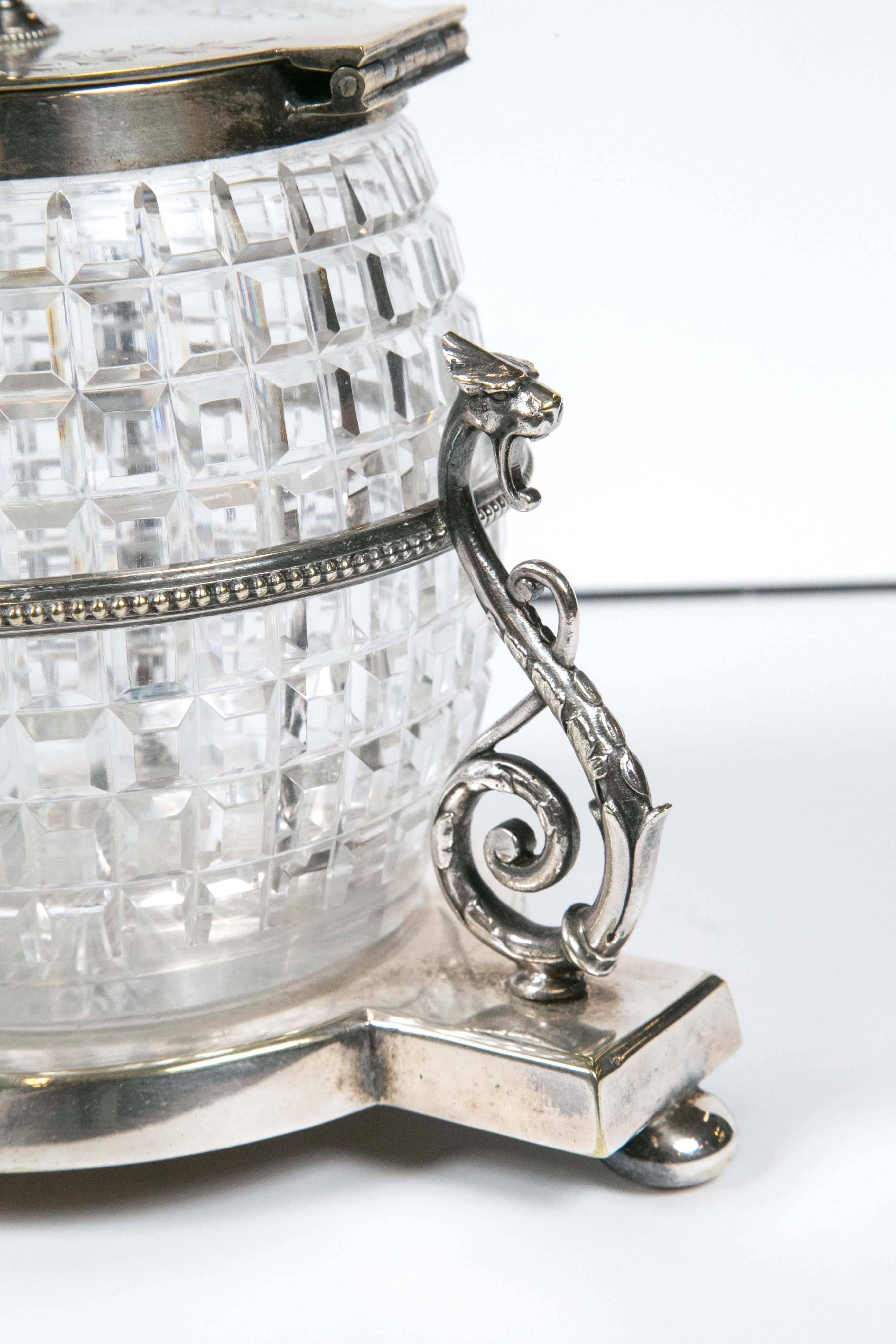 English 1860 Crystal Biscuit Jar with Three Serpents on Silver Plated Stand In Excellent Condition In Stamford, CT