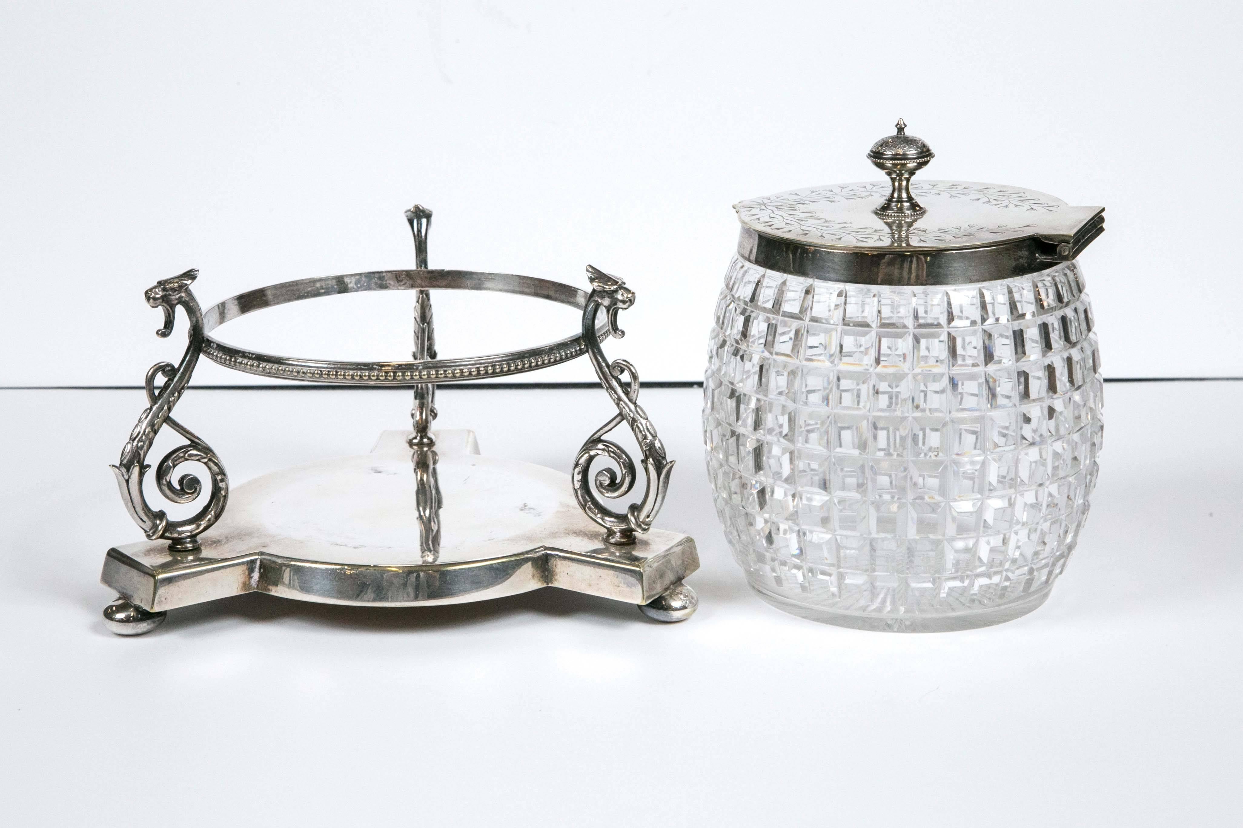 Mid-19th Century English 1860 Crystal Biscuit Jar with Three Serpents on Silver Plated Stand