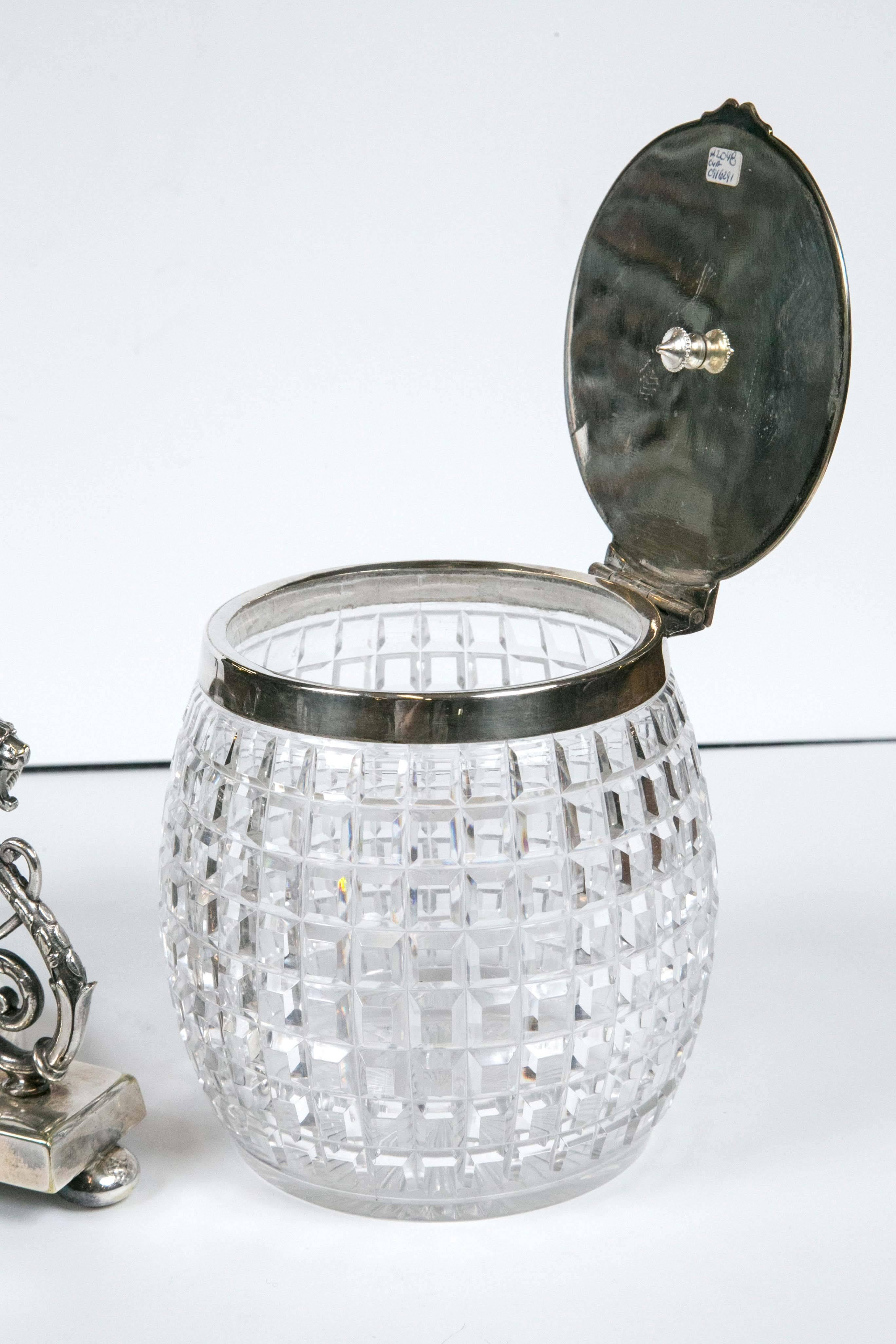 English 1860 Crystal Biscuit Jar with Three Serpents on Silver Plated Stand 1