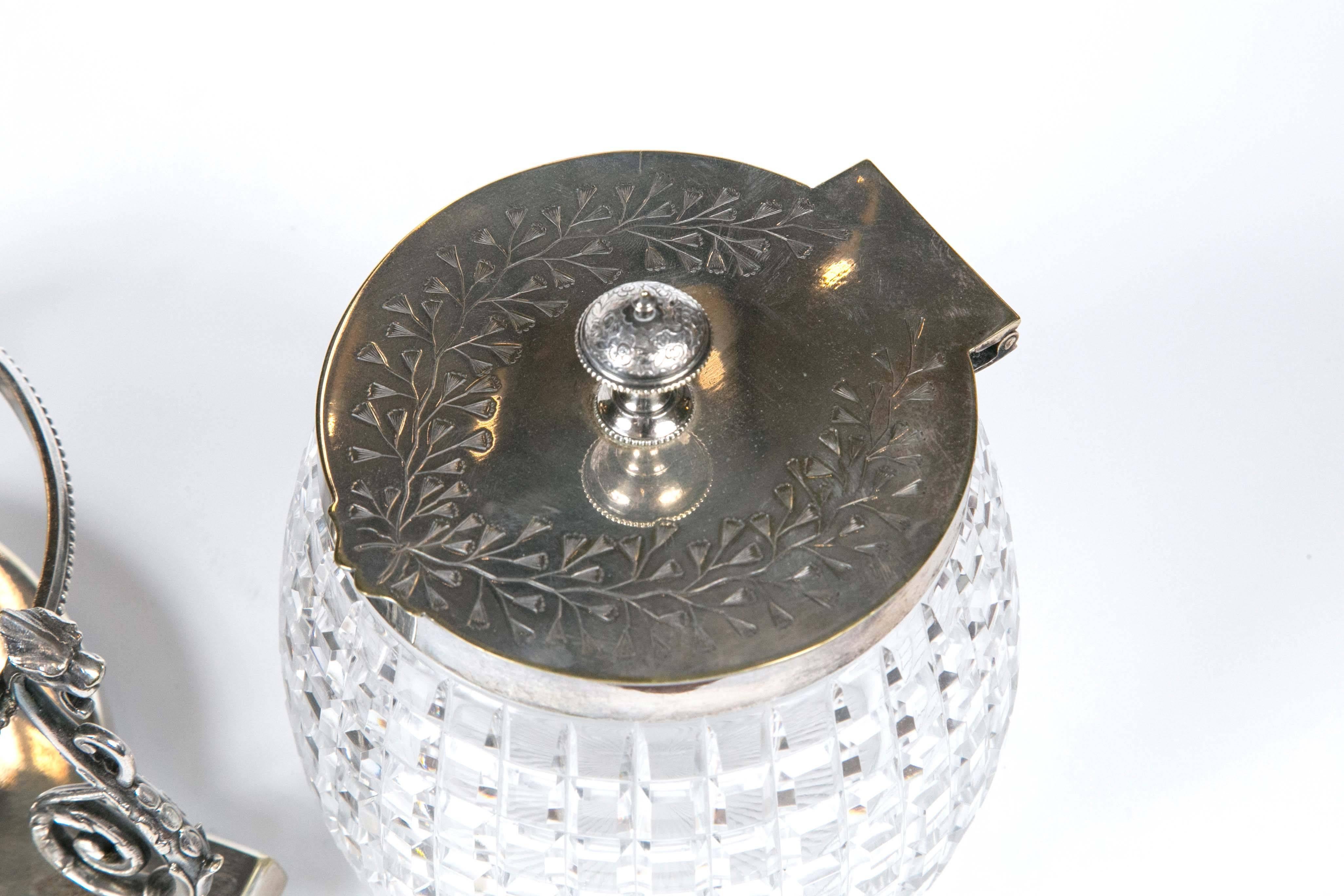 English 1860 Crystal Biscuit Jar with Three Serpents on Silver Plated Stand 2