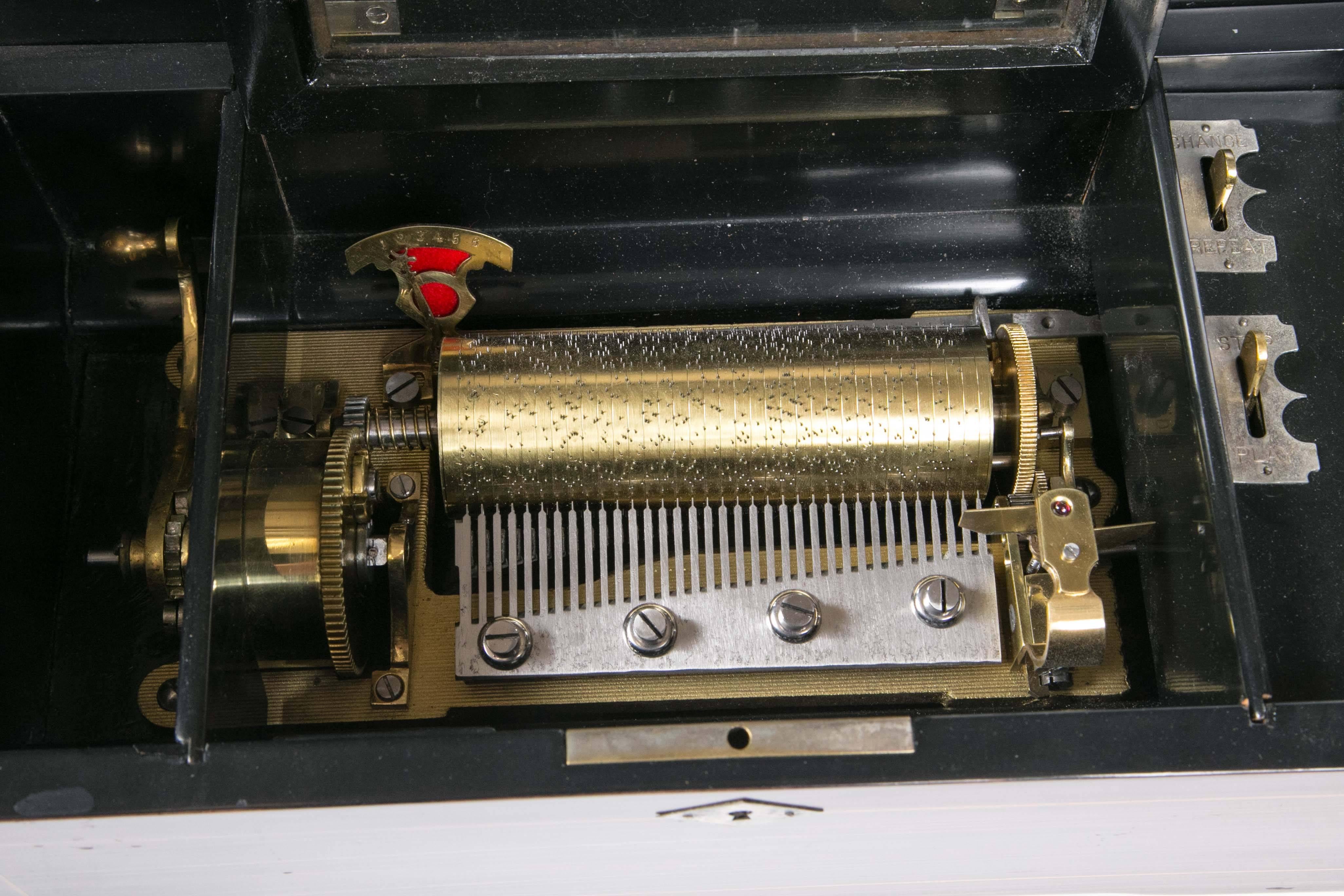 Lacquered Antique 1920-1930 Swiss Six-Tune Cylinder Music Box Rosewood