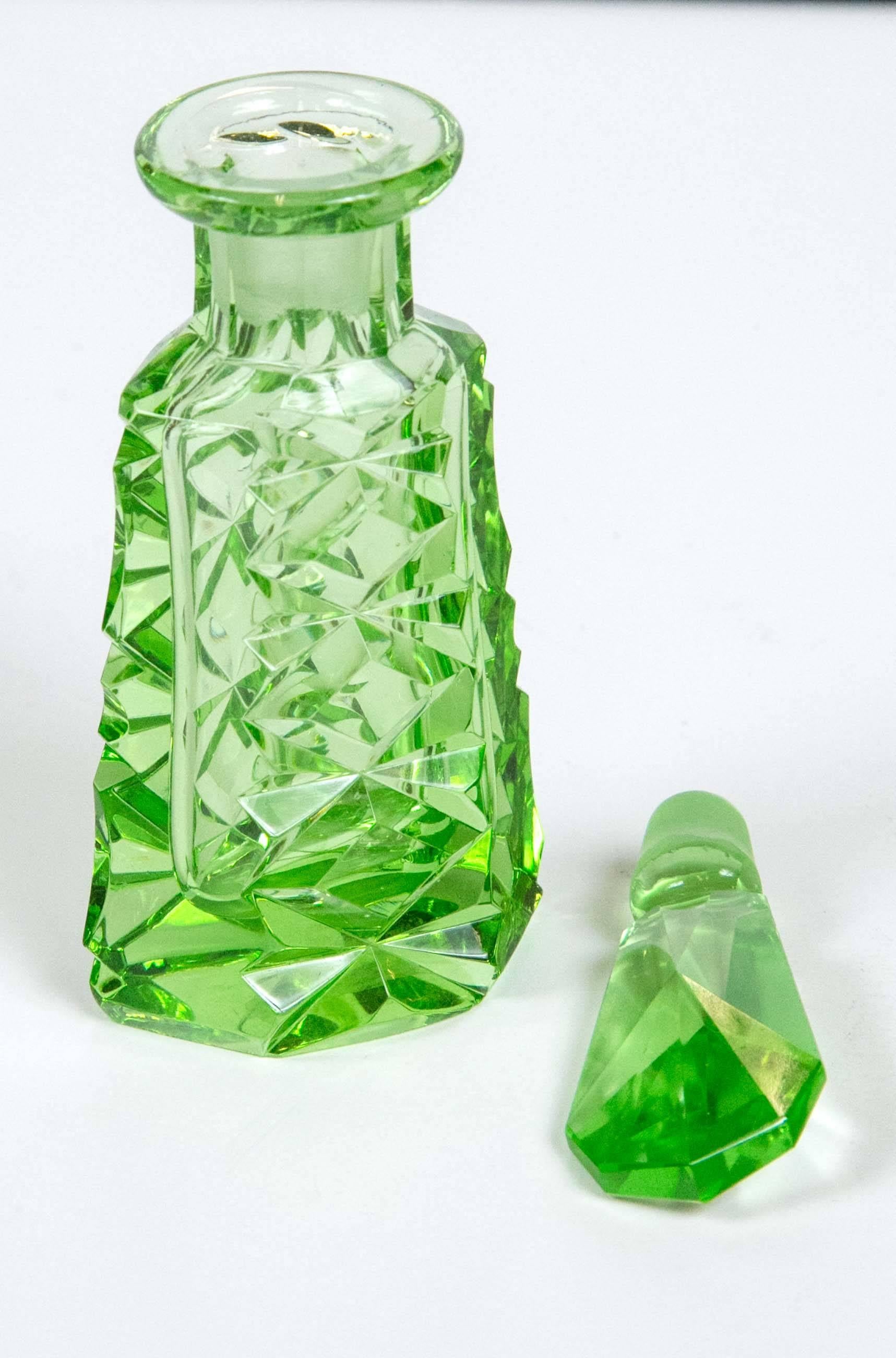 Faceted Antique 1920 Czech Crystal Cut Emerald Green Art Deco Perfume Bottle