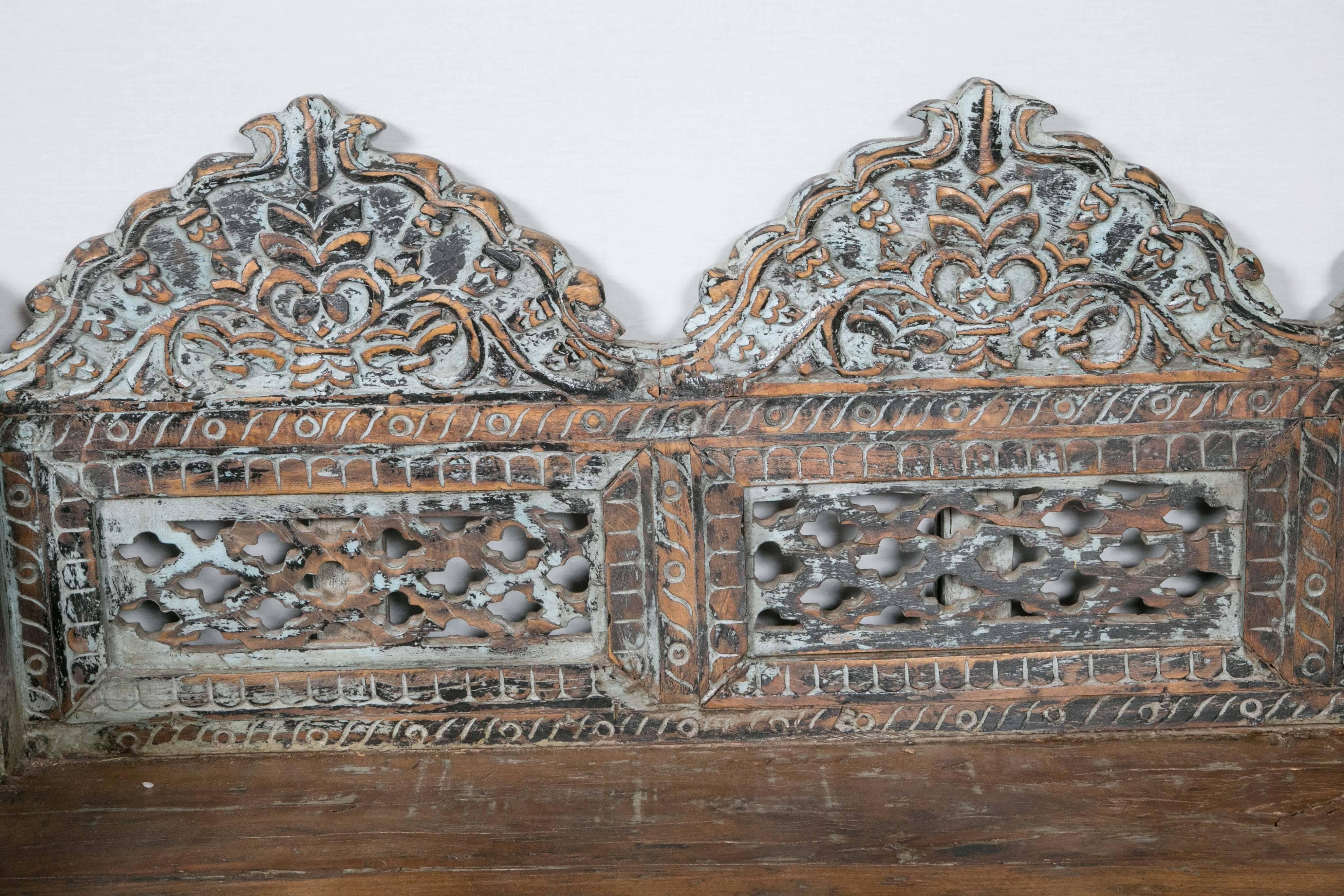This piece was hand selected by our owner in India. It is an original handcrafted antique that has been refinished and brought back to its original beauty.
It can be used as a daybed or large sitting area/bench. It was originally used as a prayer