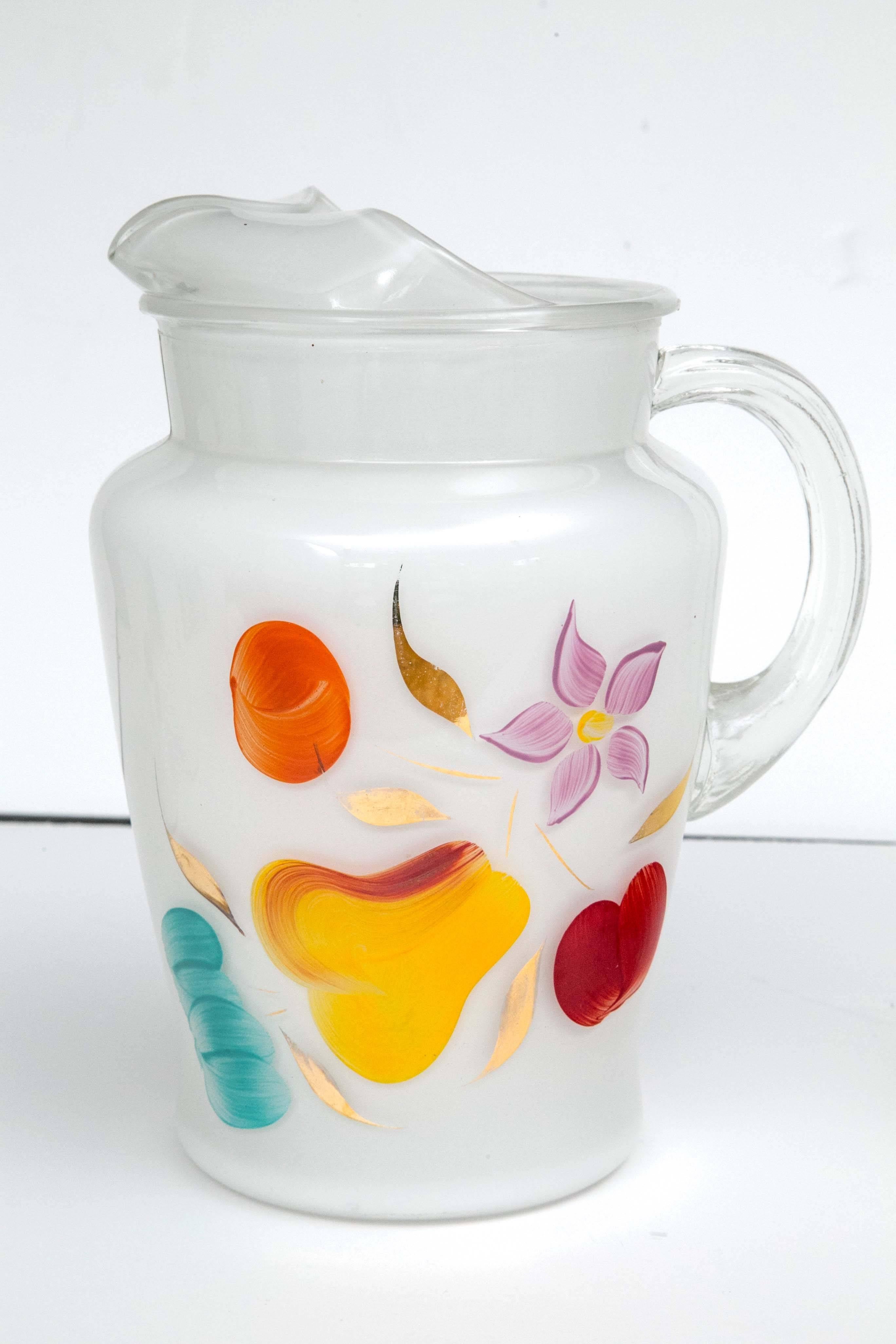 Beautiful frosted glass hand-painted gold leaf fruit design pitcher and six glasses. From a beautiful South Hampton estate. This exquisite set (possibly Fenton) is a stunner for serving breakfast, lunch, appetizers, dinner, dessert or drinks on the