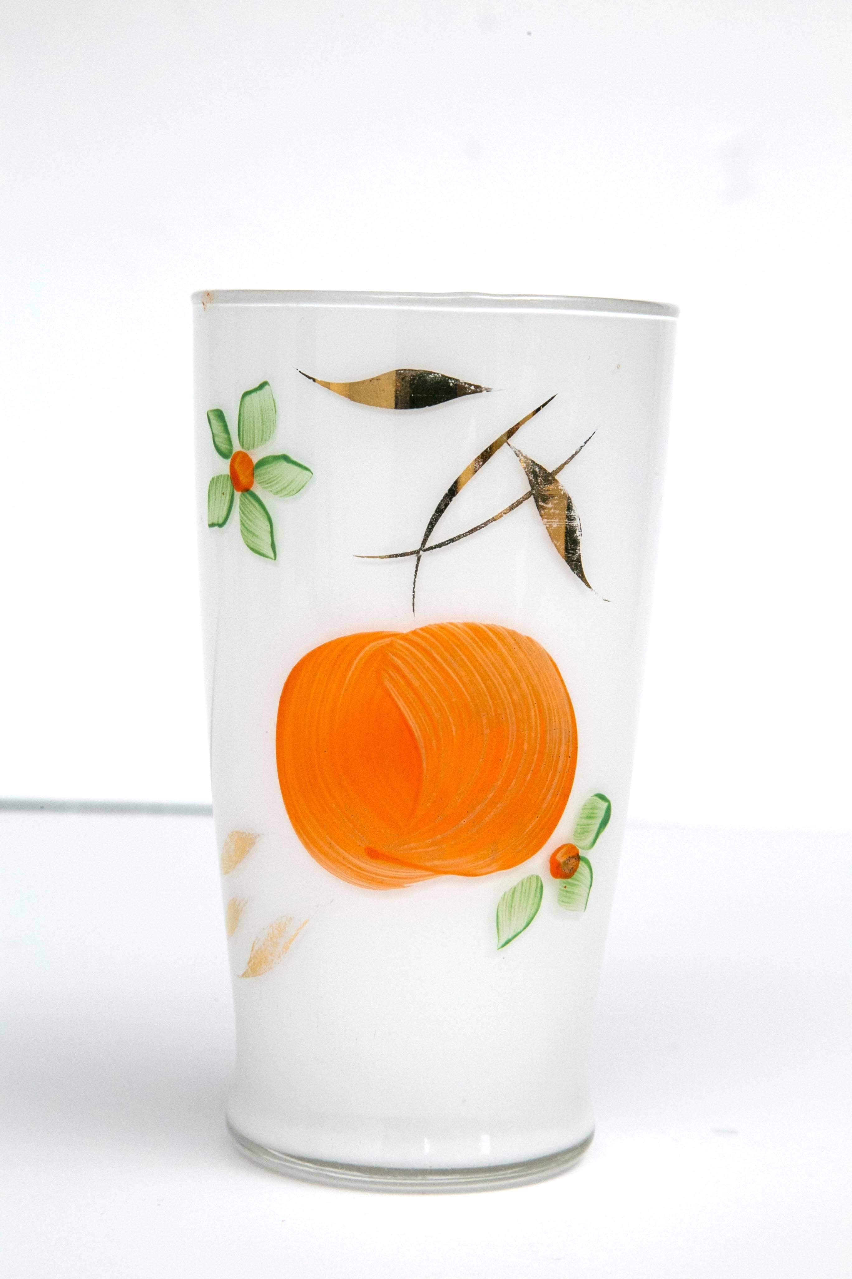 Beautiful Frosted Glass Hand-Painted Gold Leaf Fruit Design Pitcher, Six Glasses In Excellent Condition In Westport, CT