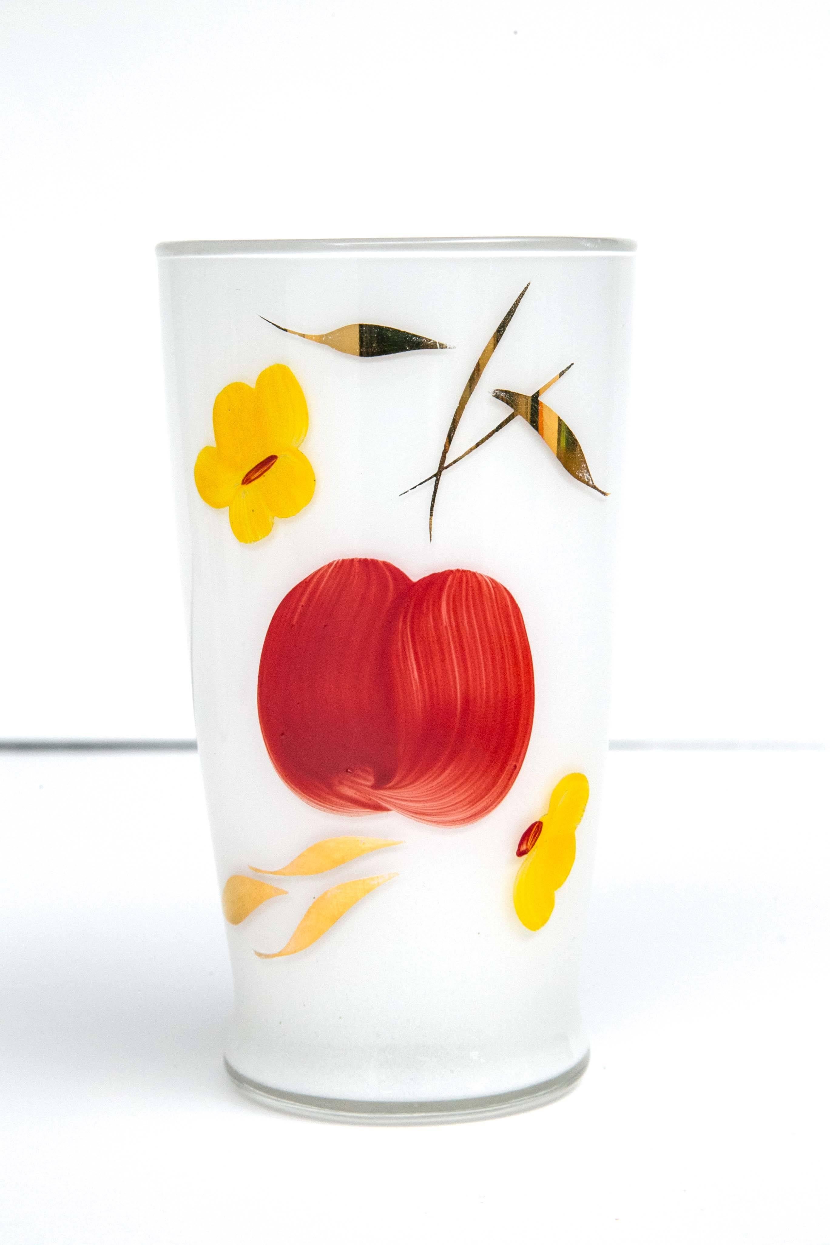 Early 20th Century Beautiful Frosted Glass Hand-Painted Gold Leaf Fruit Design Pitcher, Six Glasses