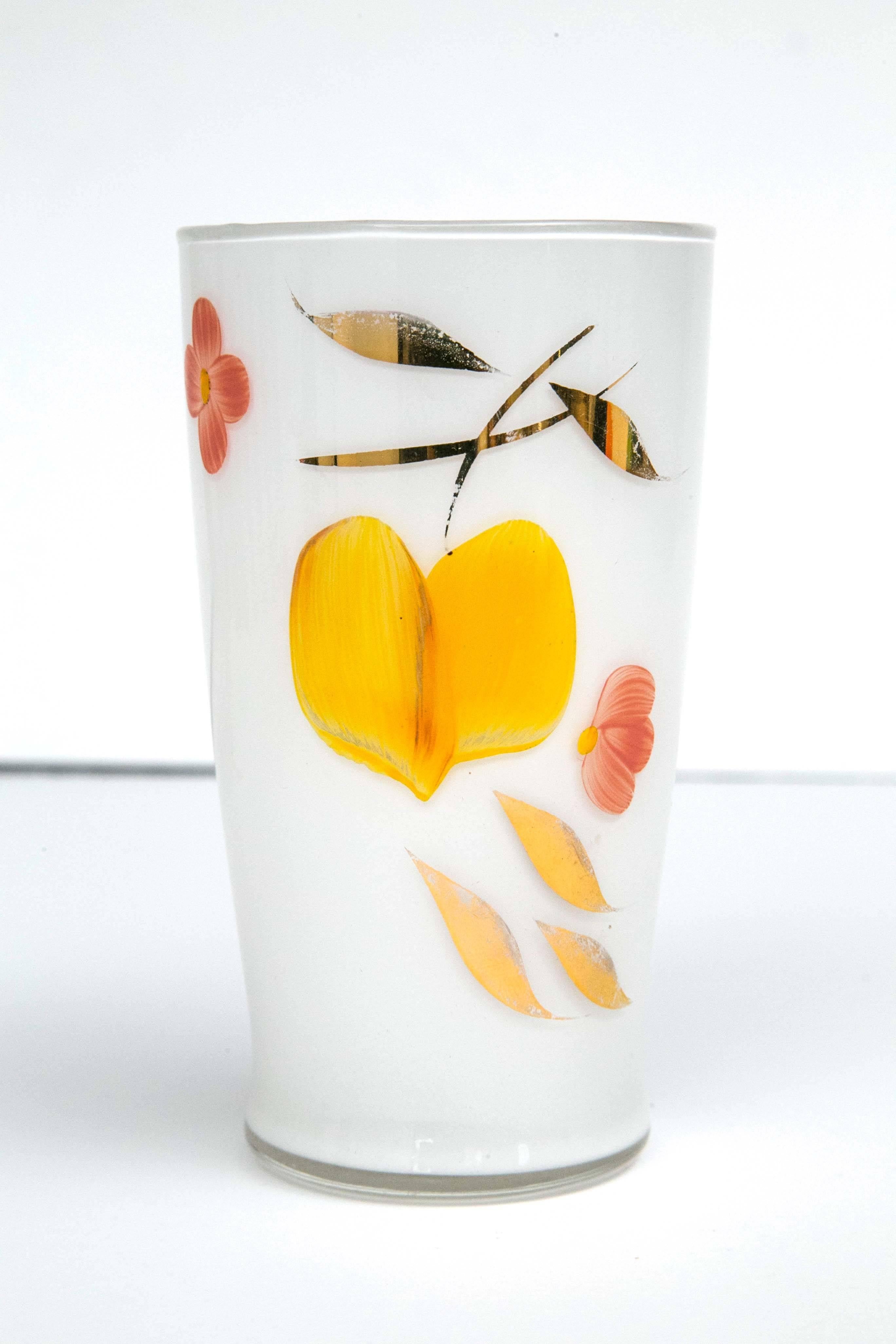 Beautiful Frosted Glass Hand-Painted Gold Leaf Fruit Design Pitcher, Six Glasses 1