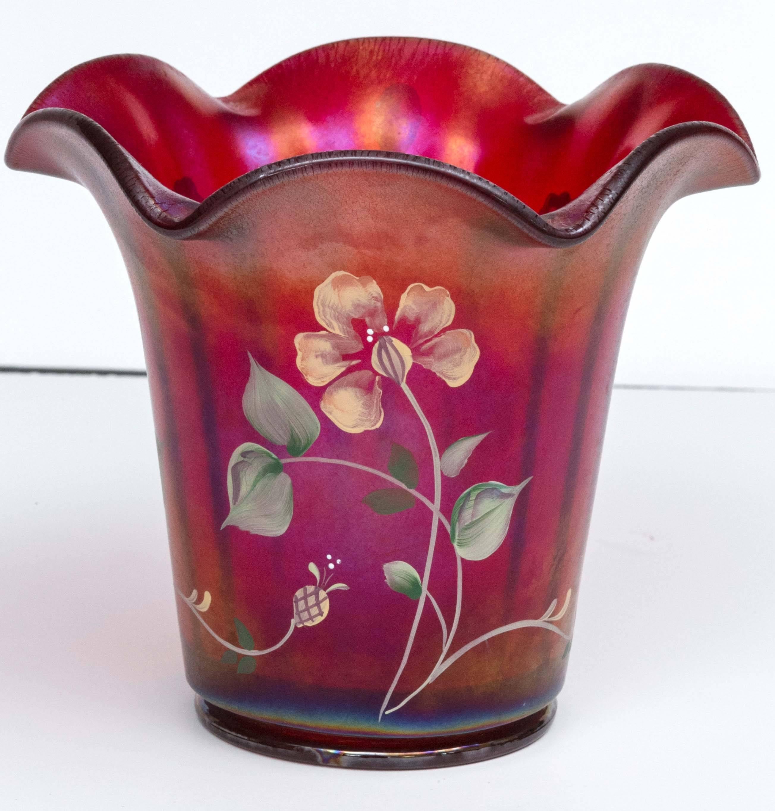 Fenton 100th anniversary founder's vase - hand-painted and signed D Robinson. Also signed by George Fenton and Frank Fenton. Stunning carnival glass with exquisite hand-painted flowers. Beautiful piece of history.