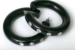 Art Deco Bakelite and Rhinestone Black Hoop Earrings