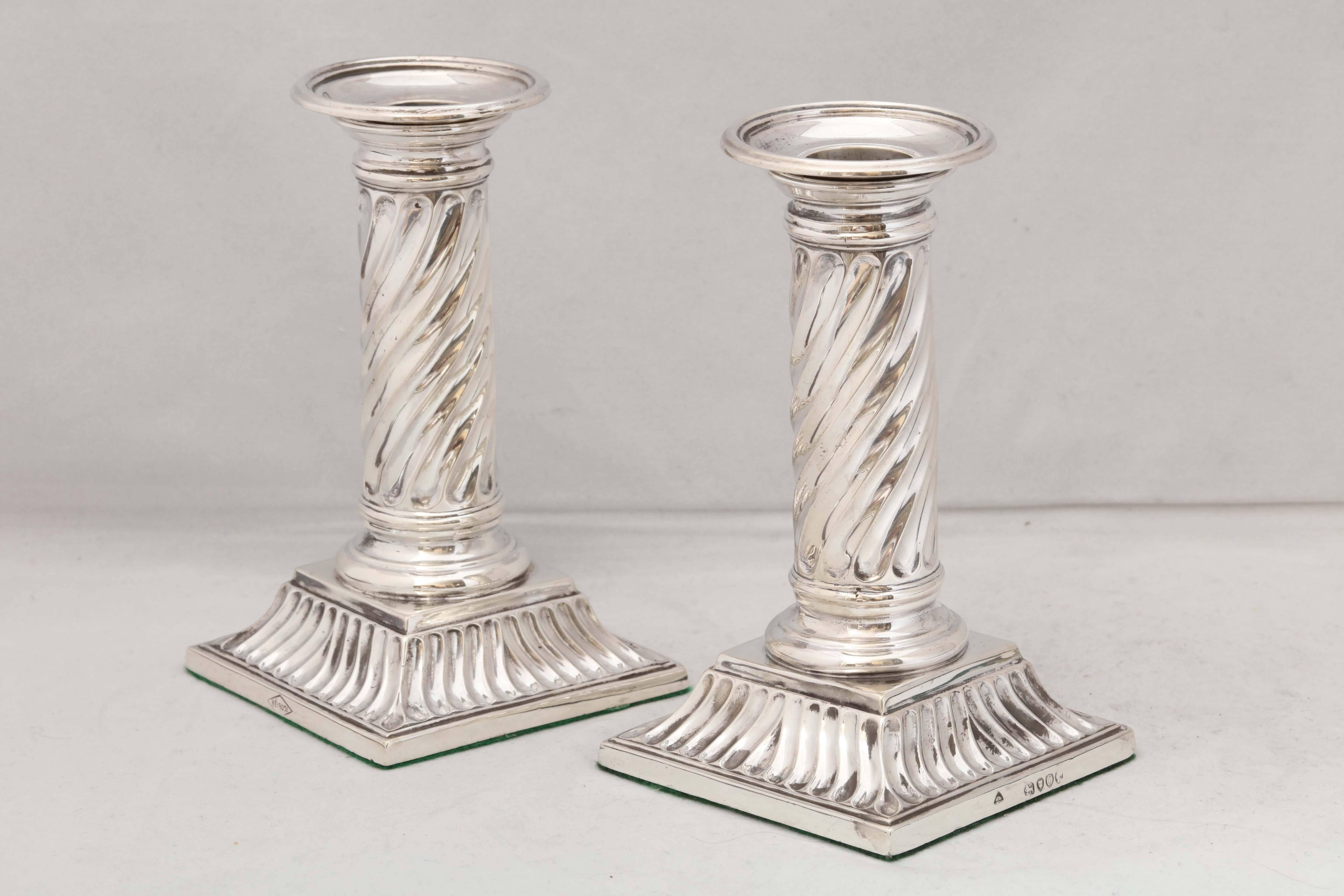 English Pair of Victorian Sterling Silver Neoclassical Column Form Candlesticks