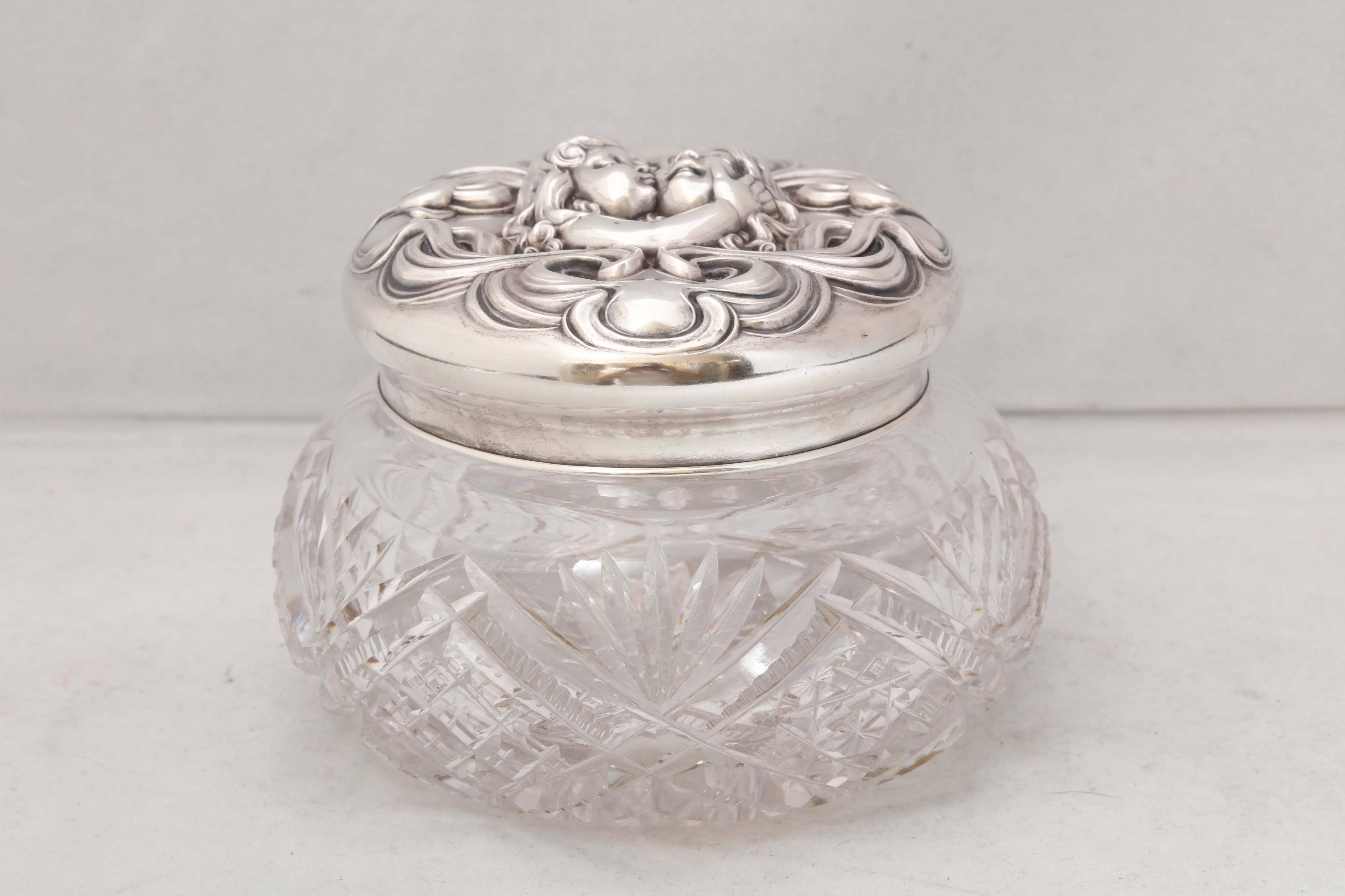 Fabulous, rare, very large, Art Nouveau, sterling silver-mounted cut crystal powder jar, Unger Bros. Co., New Jersey, circa 1895. The 