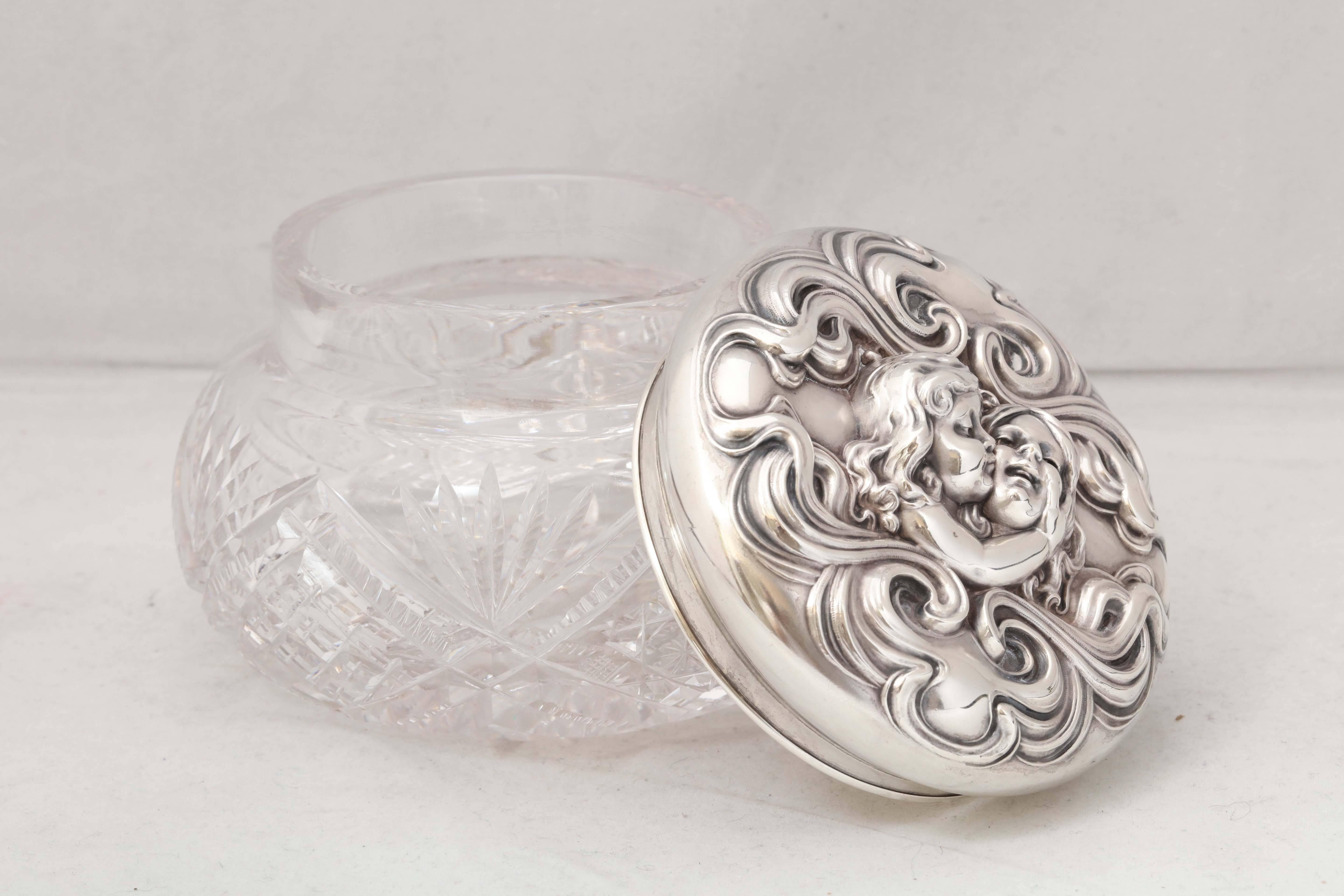 American Fabulous Rare Large Art Nouveau Sterling Silver-Mounted Unger Bros Powder Jar