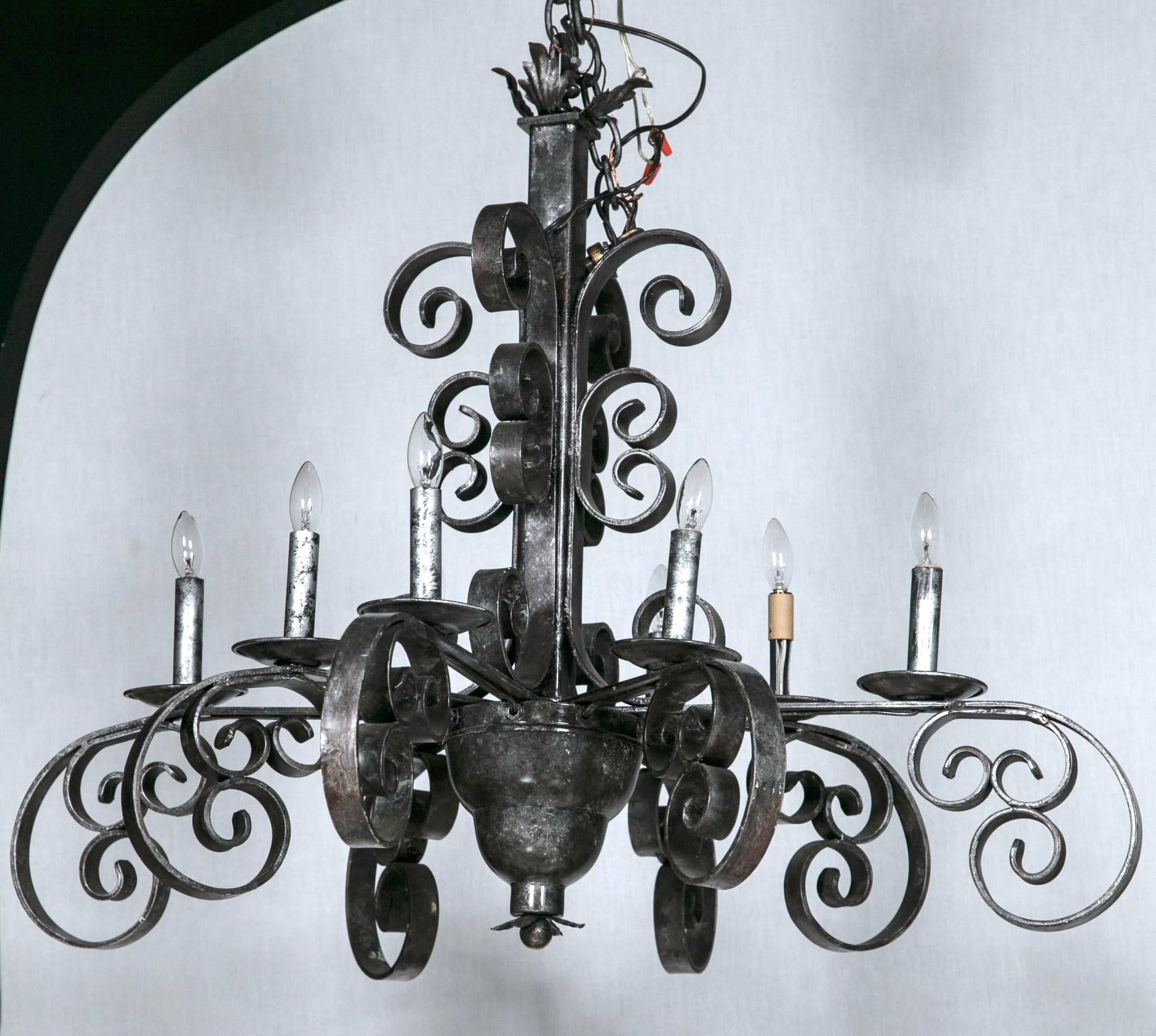 Custom-made, wrought iron chandelier, great patina, rewired and ready to hang.