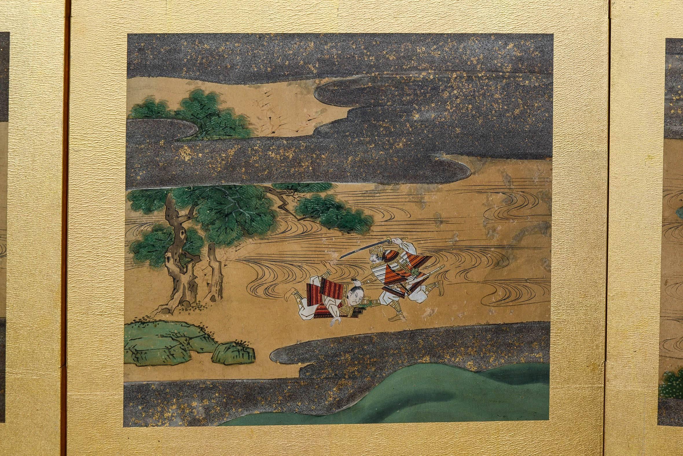 Painted Edo Period Heike and Genji Tale Japanese Screen For Sale
