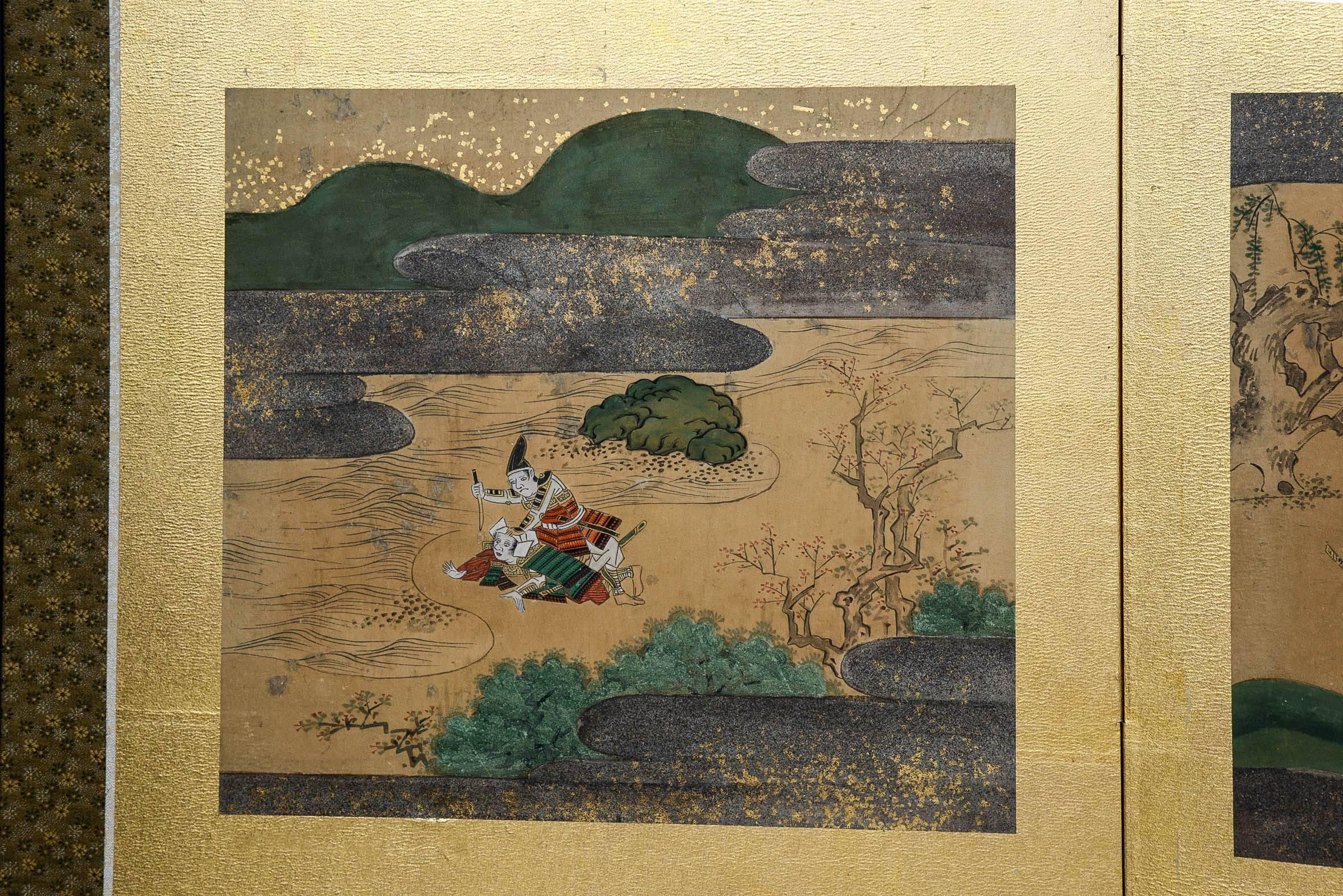 Bronze Edo Period Heike and Genji Tale Japanese Screen For Sale