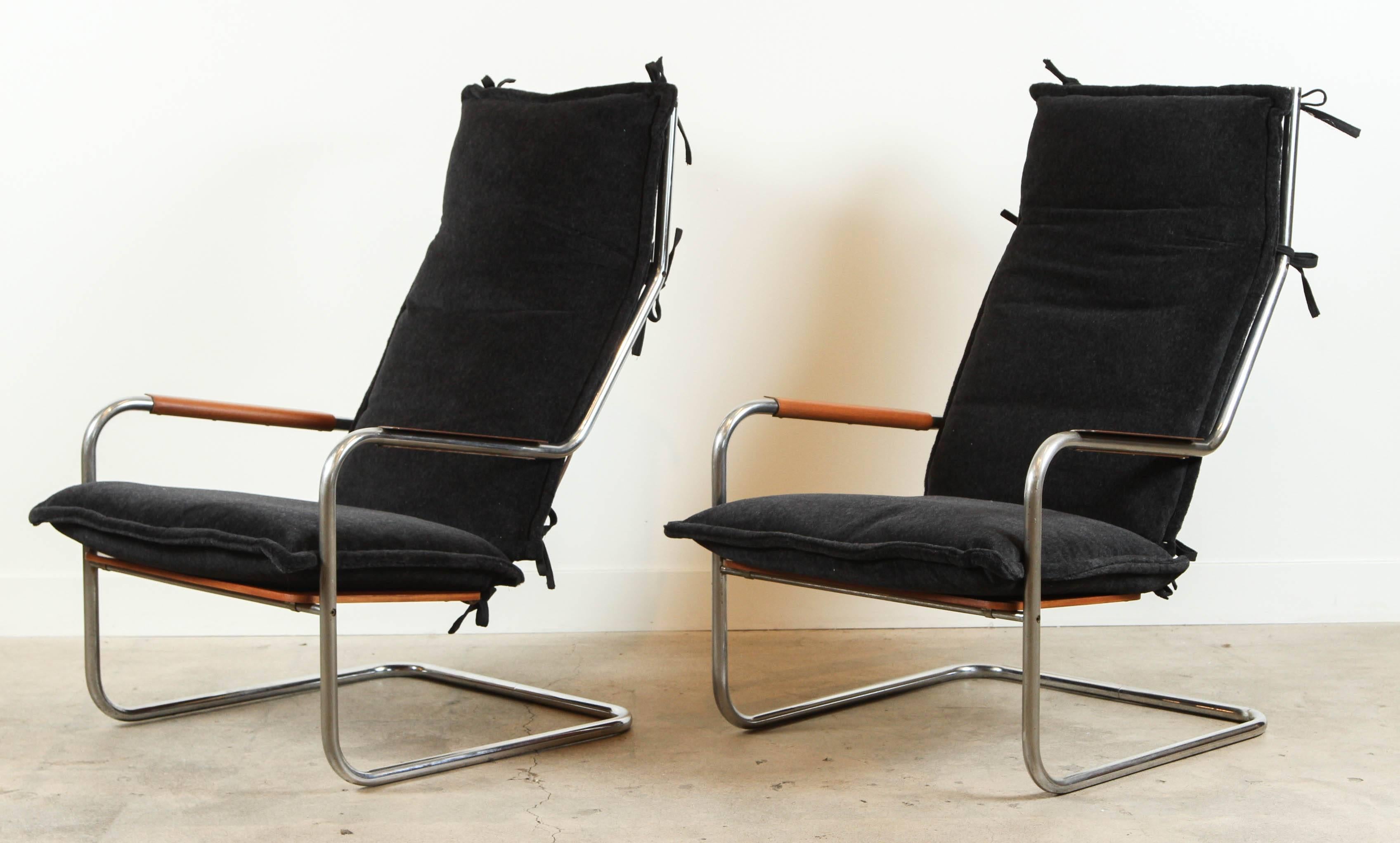 Pair of alpaca and chrome lounge chairs by Thonet.