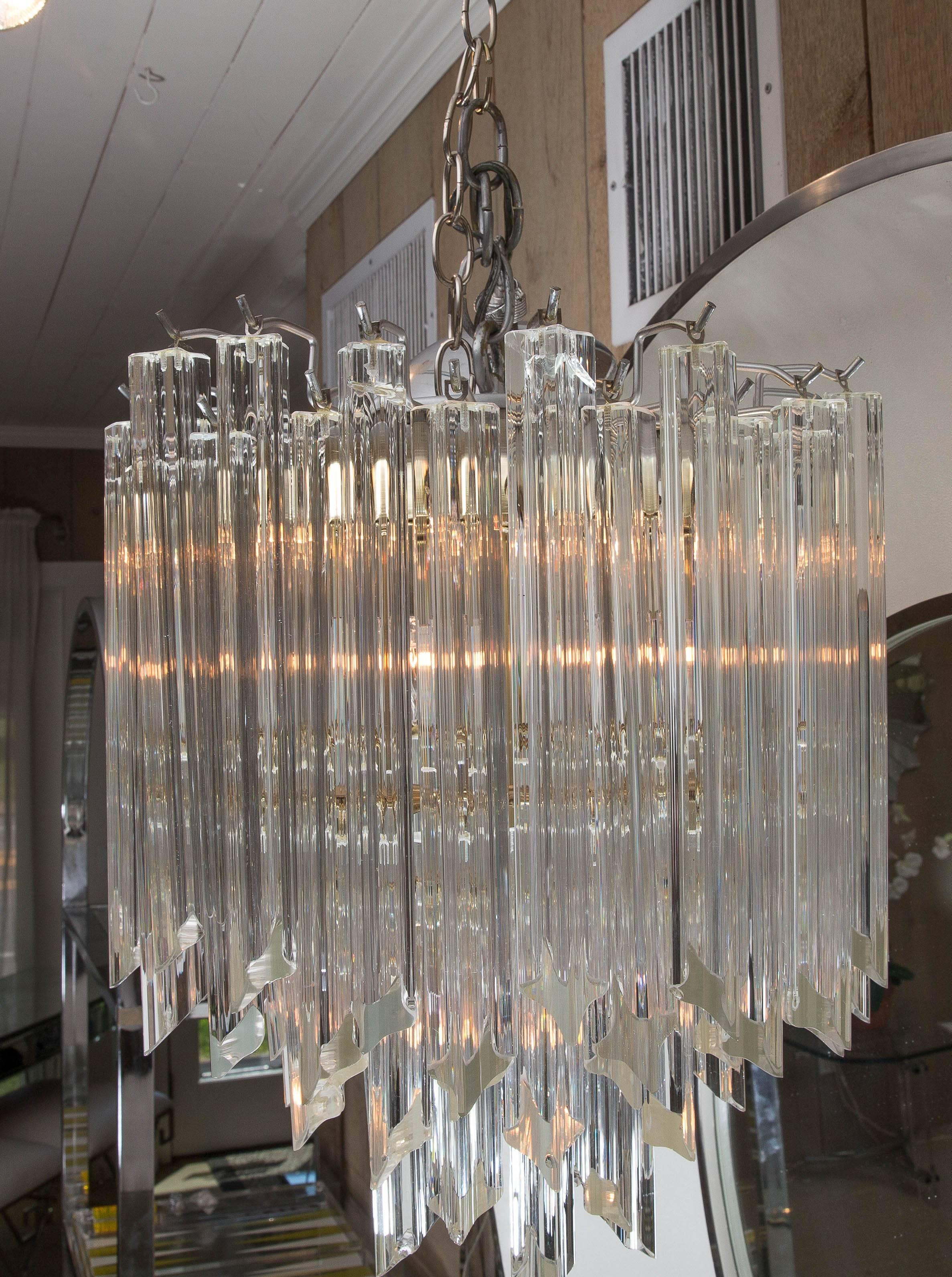 Late 20th Century Mid-Century Glass and Silvered Metal Round Chandelier For Sale