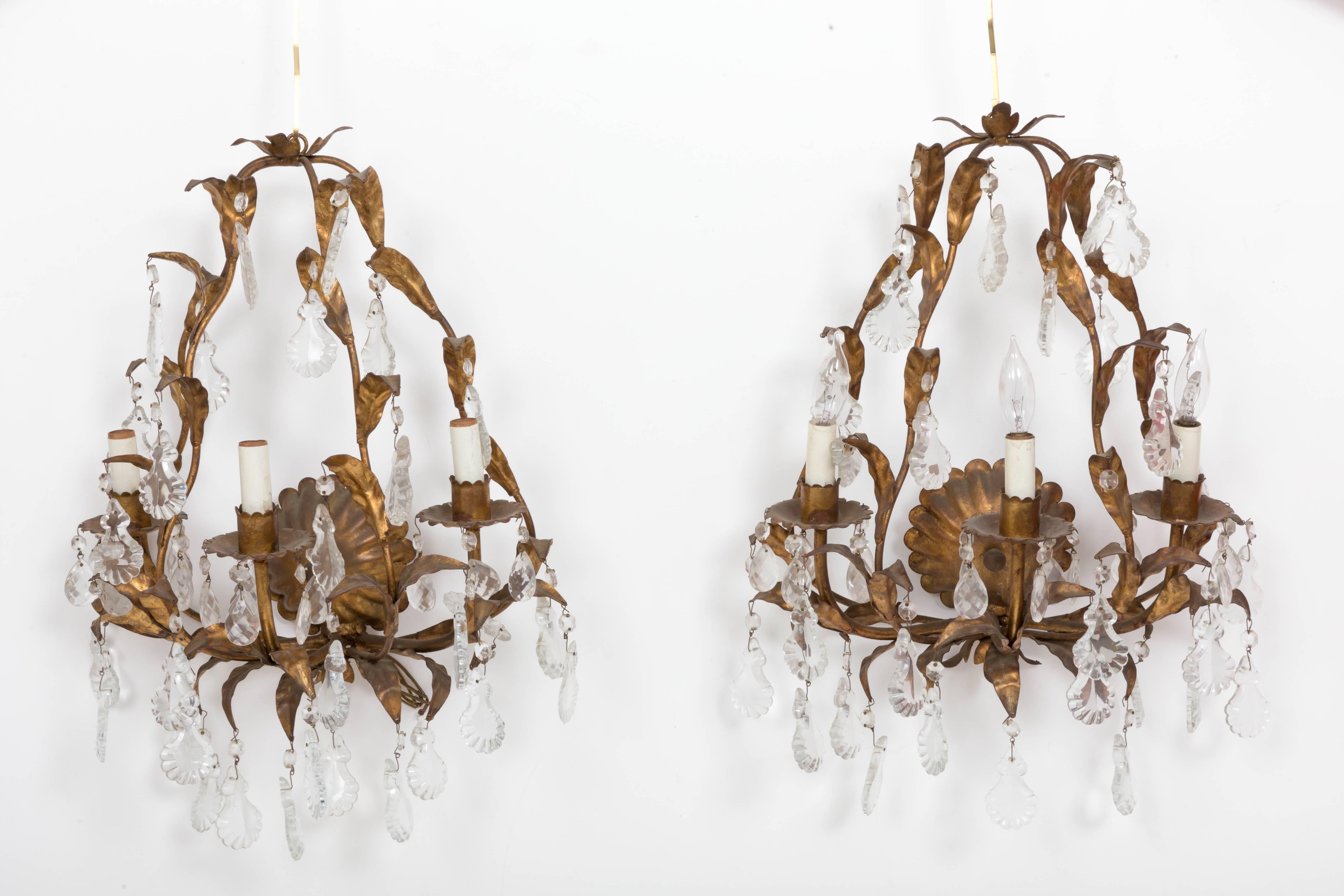 Pair Gilded Italian Metal Foliate 3 Light Sconces with Scallop shape Crystals  In Good Condition For Sale In Southampton, NY
