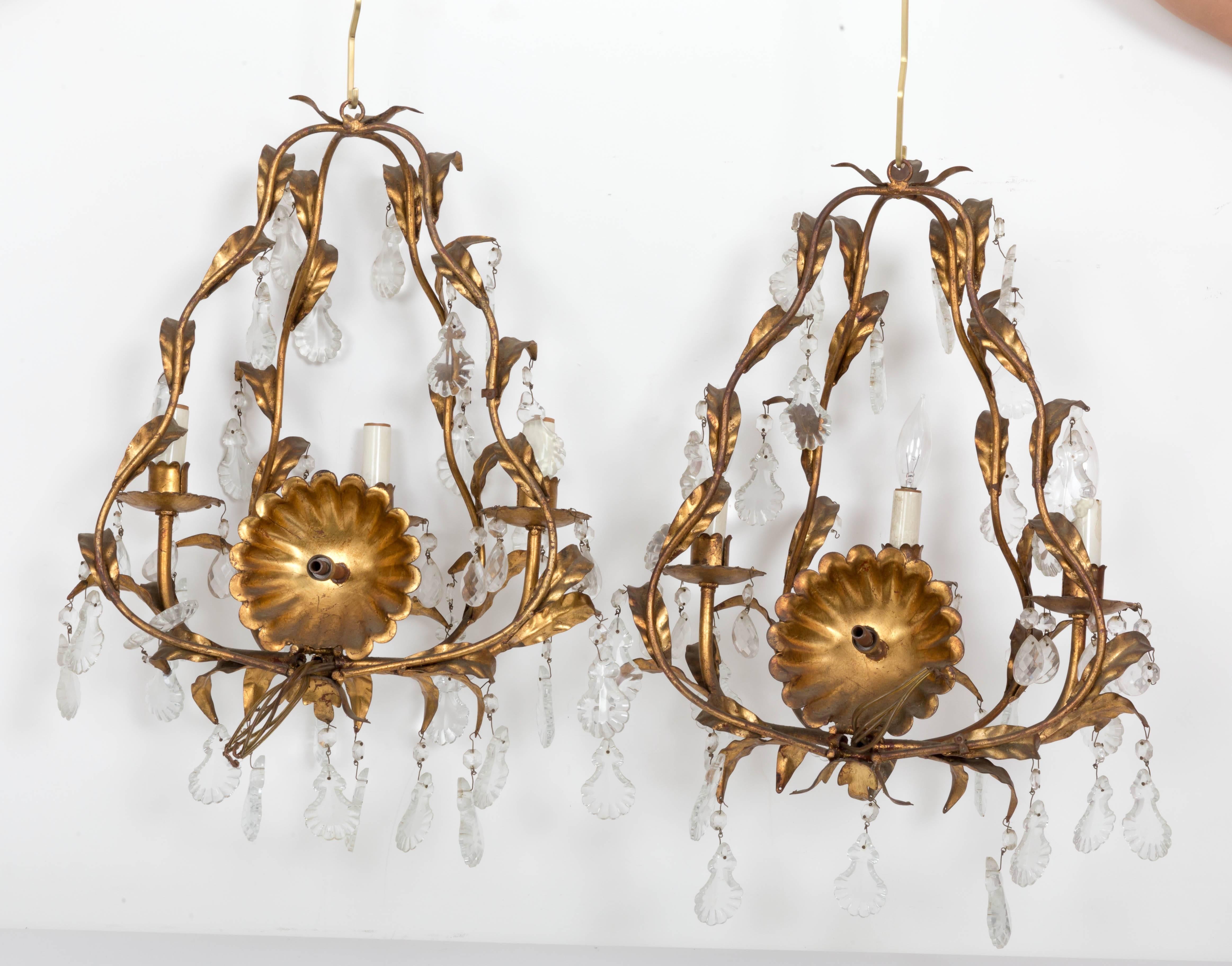 Pair Gilded Italian Metal Foliate 3 Light Sconces with Scallop shape Crystals  For Sale 1