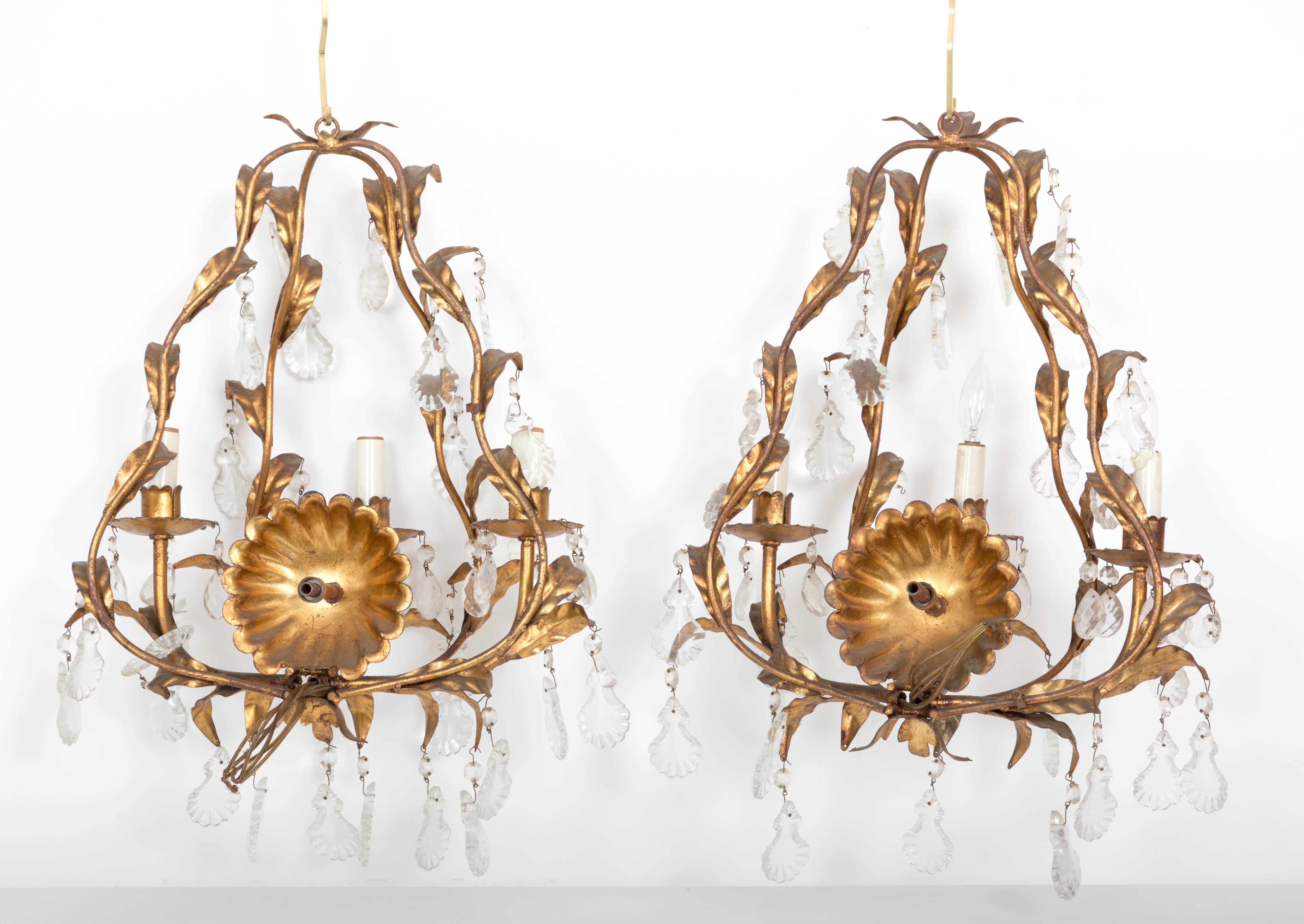 Pair Gilded Italian Metal Foliate 3 Light Sconces with Scallop shape Crystals  For Sale 2