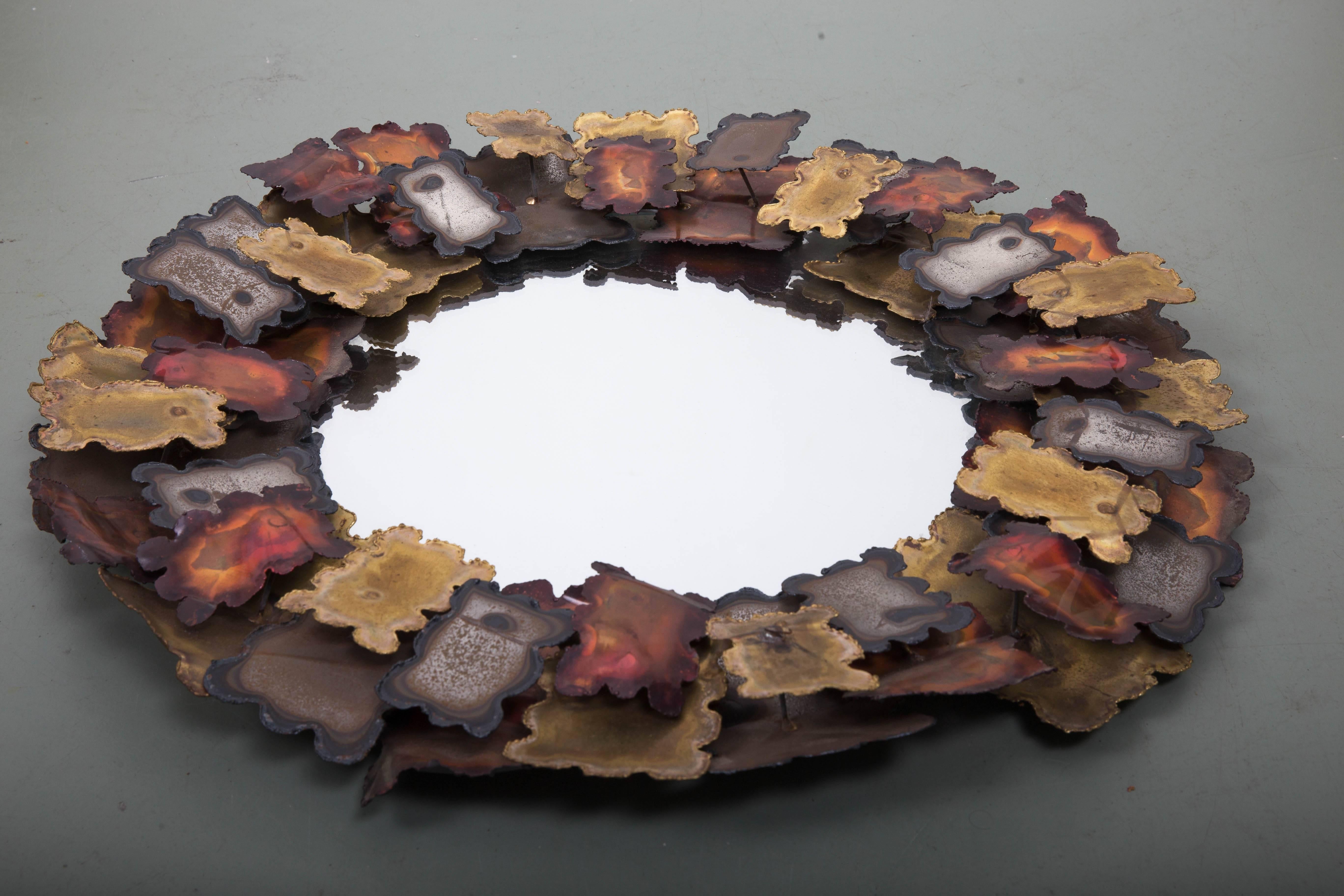 Steel, Brass and Copper Sunburst Mirror In Excellent Condition For Sale In Southampton, NY