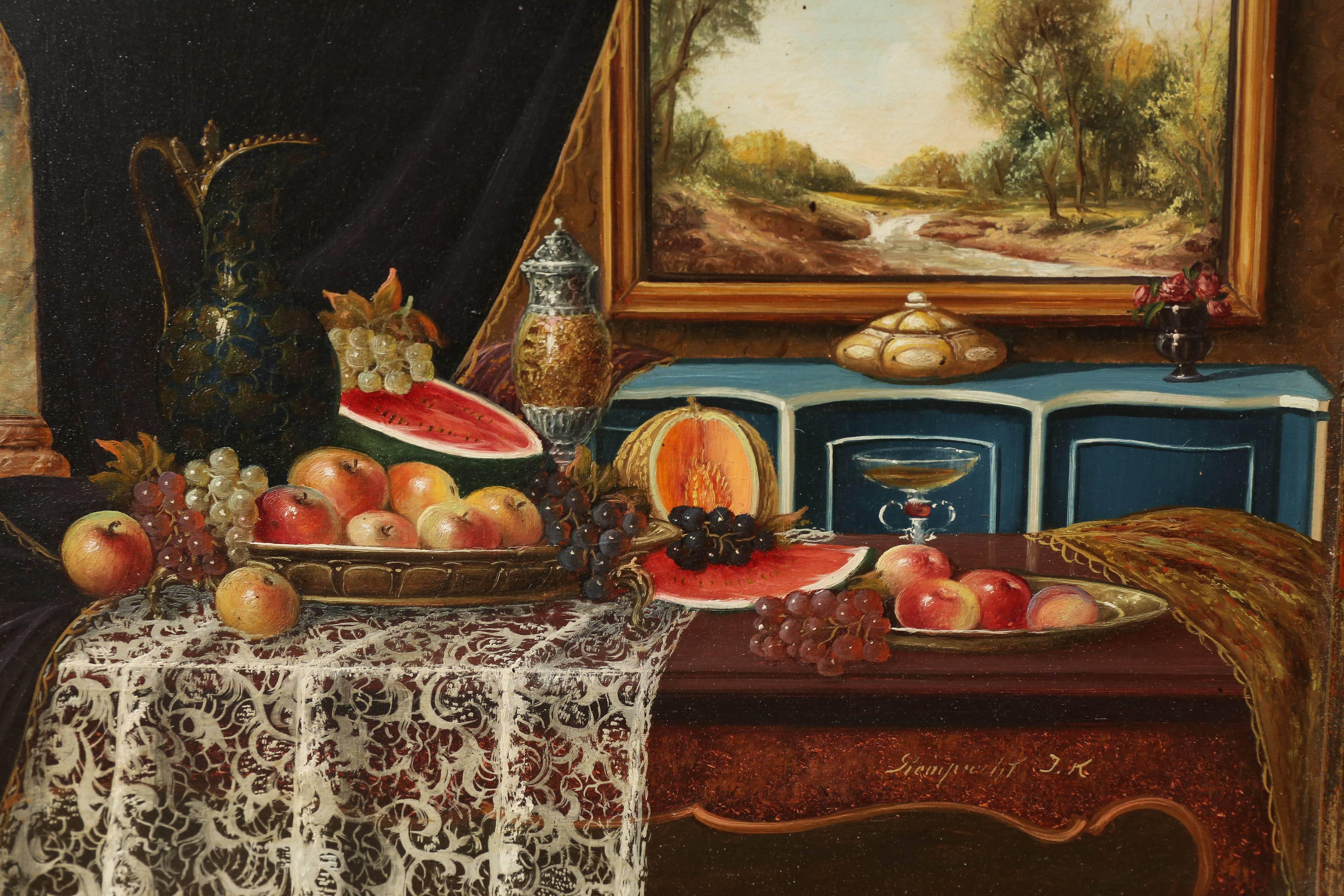 Hungarian artist. Was born in Budapest. Specialized in painting of still-life, his miniature paintings were the most popular, due to its precise way of depicting multitude of elements. 

Measures: (9” W x 7” H, overall size is 16” x 13.5”).
Oil