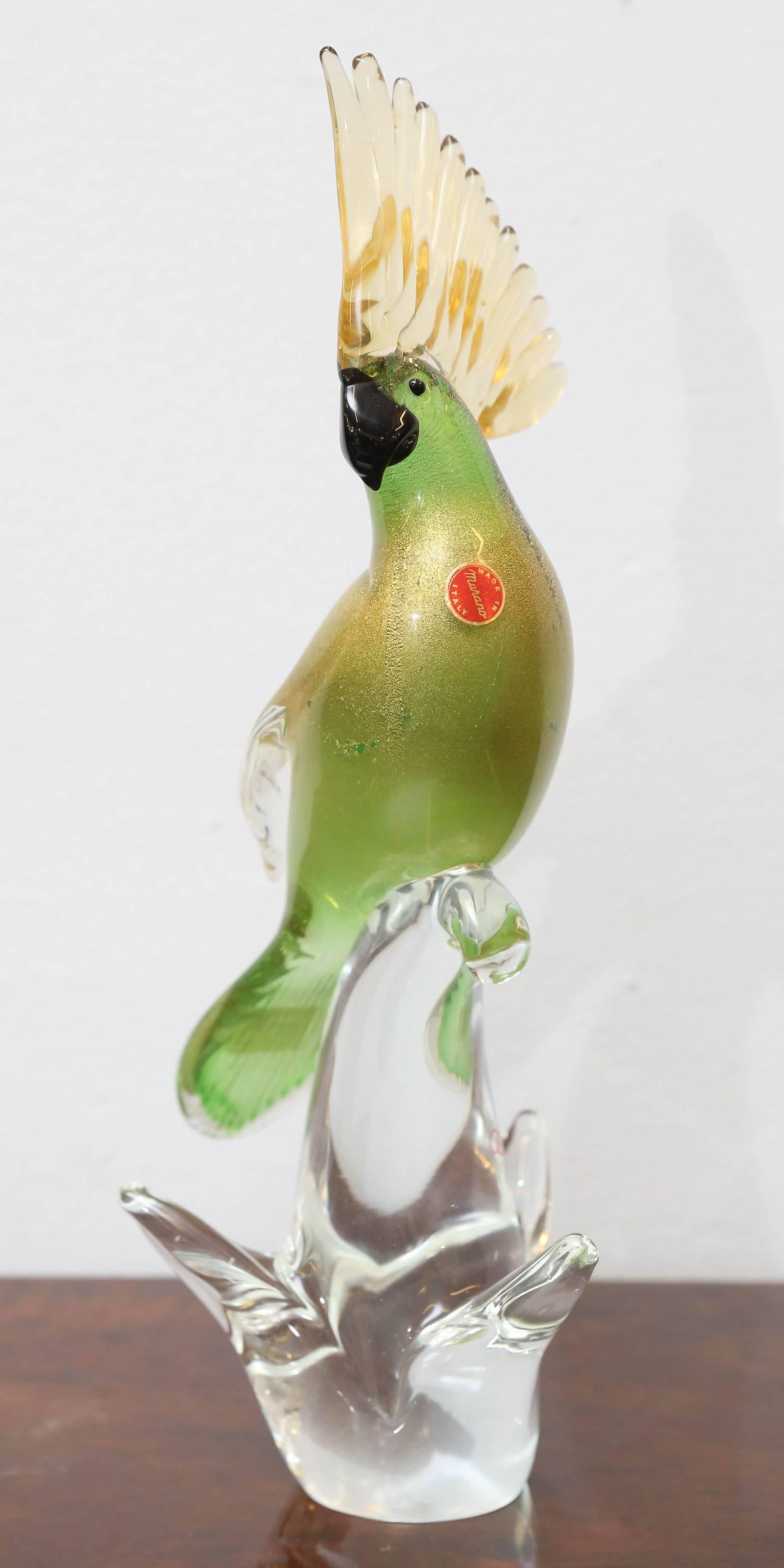 Murano glass figure. Handblown gold flecked cockatoo figure is very well detailed. Has a sticker 