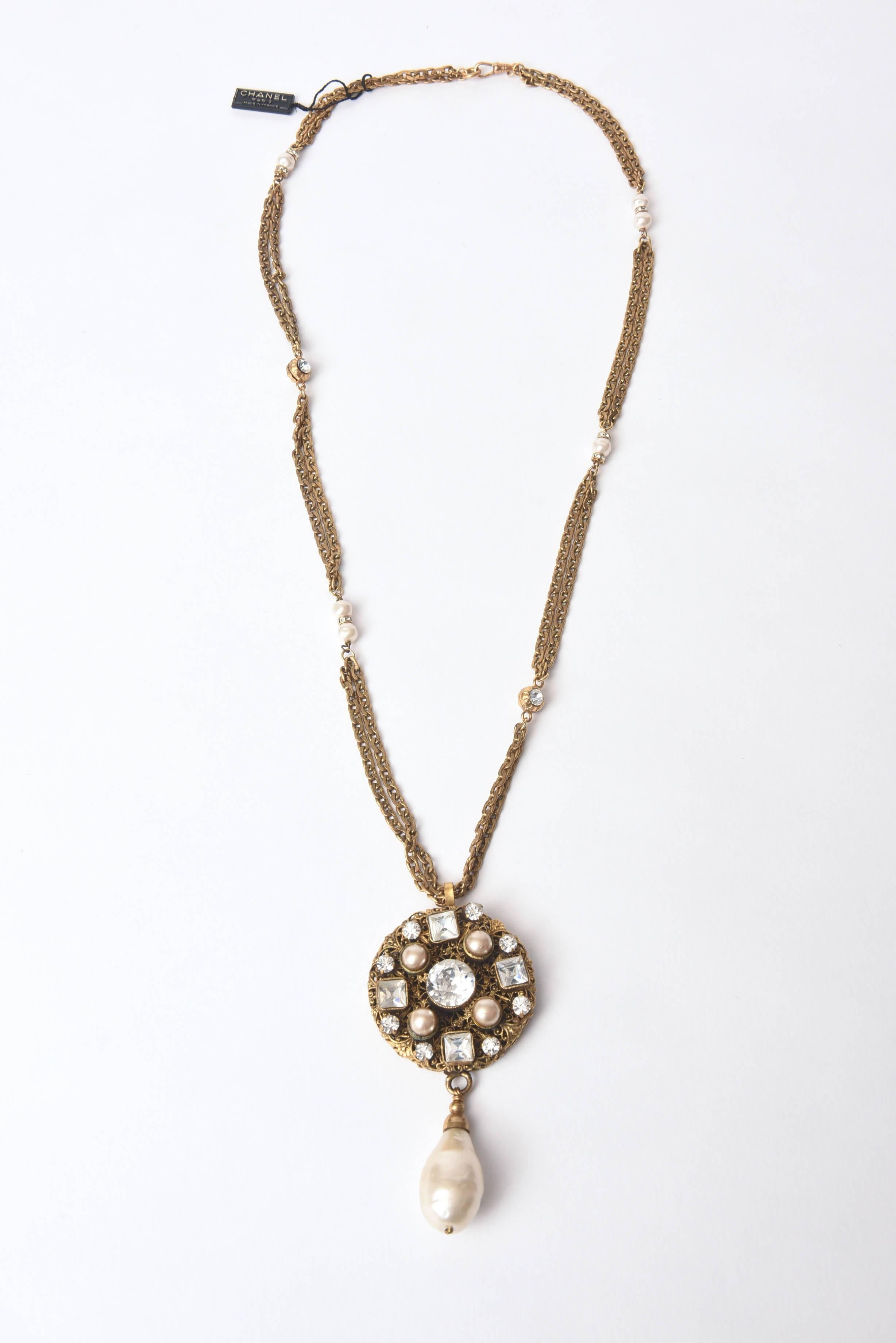 Gold Plate Vintage Chanel Necklace, Faux Pearl, Long and Impressive