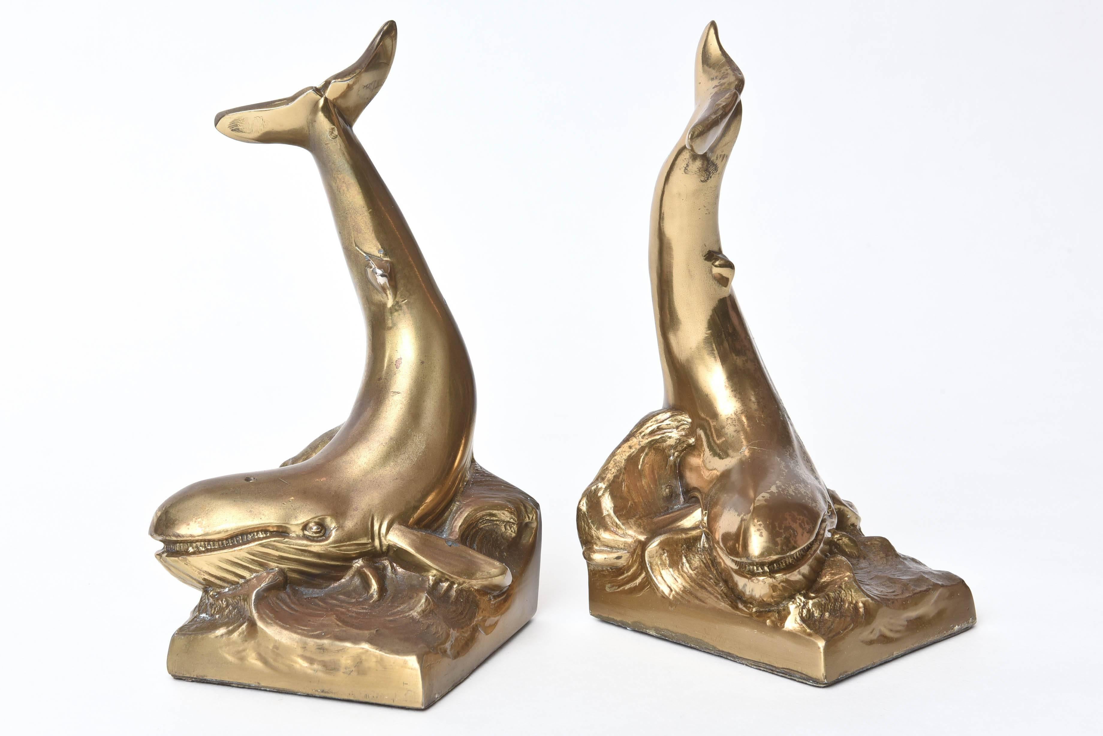 We love these charming nautical book ends. Nicely cast with crisp detail, patina and good weight. Please let us know if we can provide any other additional information on this unique pair. We could find no hallmarks but we estimate them to be