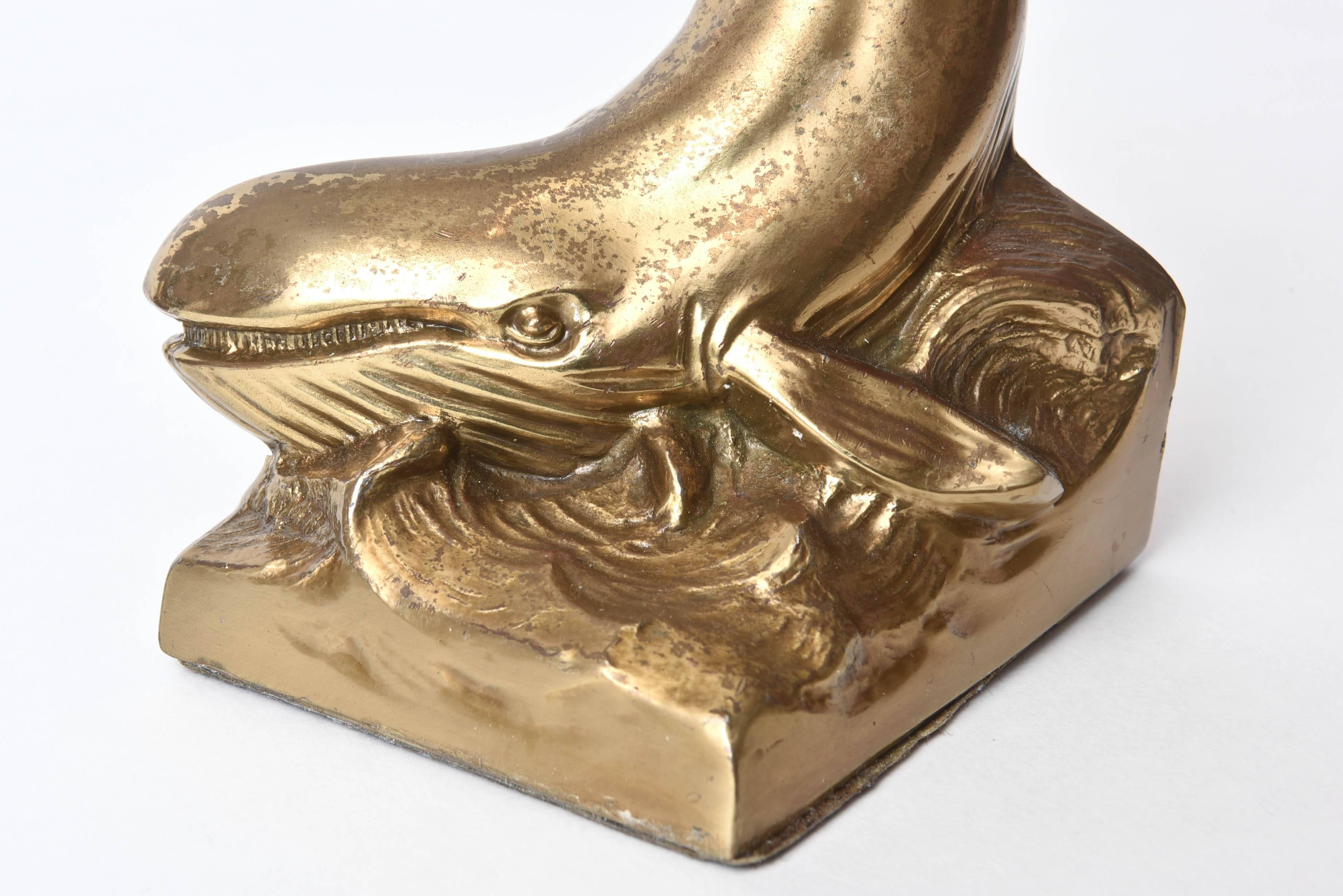 American Pair of Whale Bookends, Vintage Brass with Great Detail