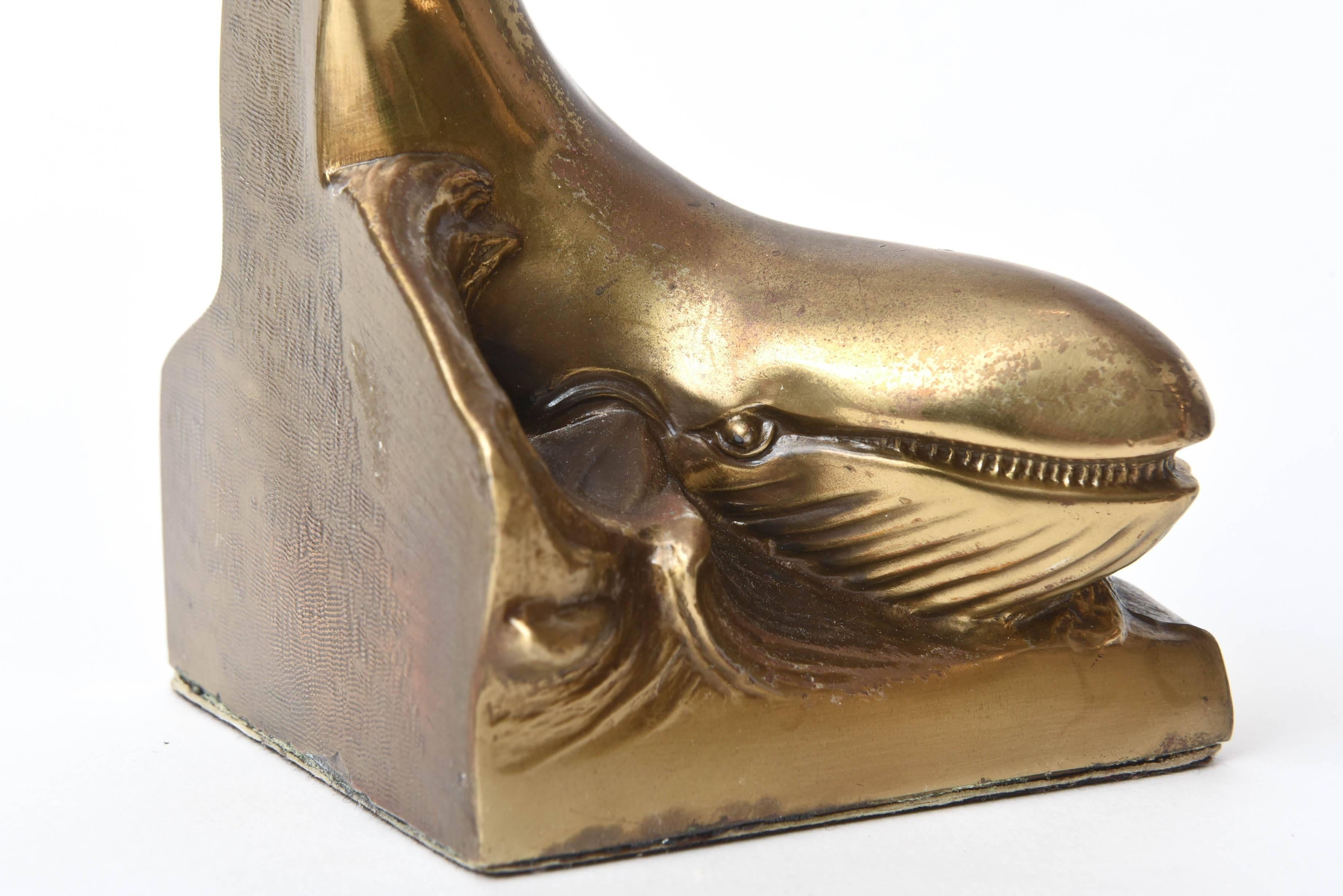 Mid-20th Century Pair of Whale Bookends, Vintage Brass with Great Detail
